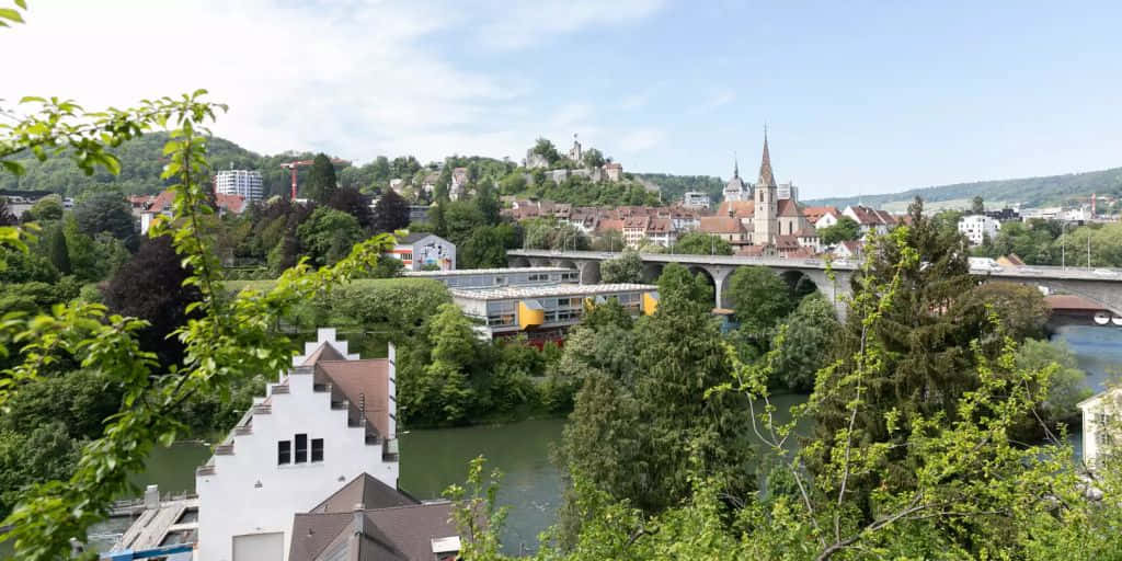 Baden, Switzerland, river bridge, church spire, SD Desktop Wallpaper