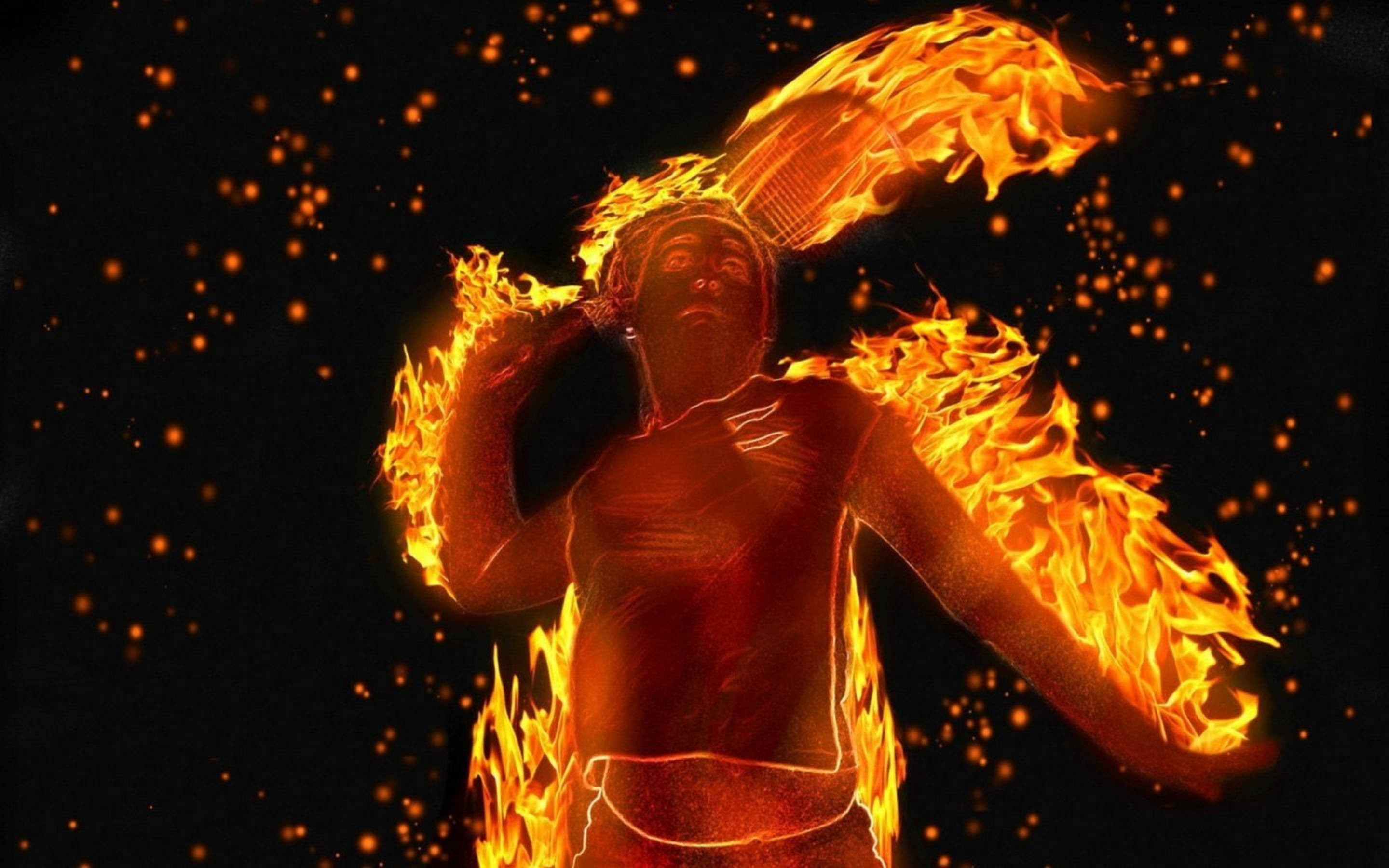 badminton player, vibrant orange flames, black background, 2K Desktop Wallpaper