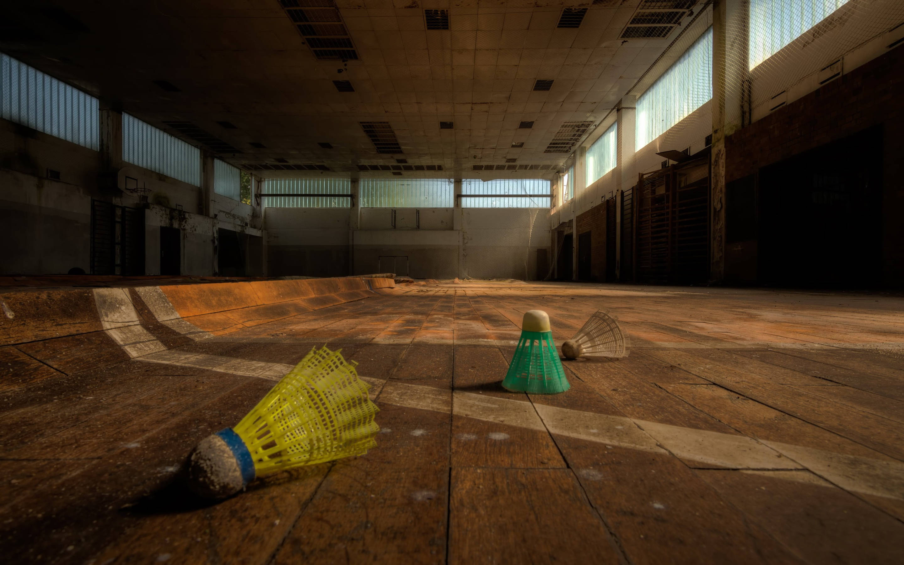 badminton shuttlecocks, cracked wooden court, derelict indoor sports hall, 2K Desktop Wallpaper