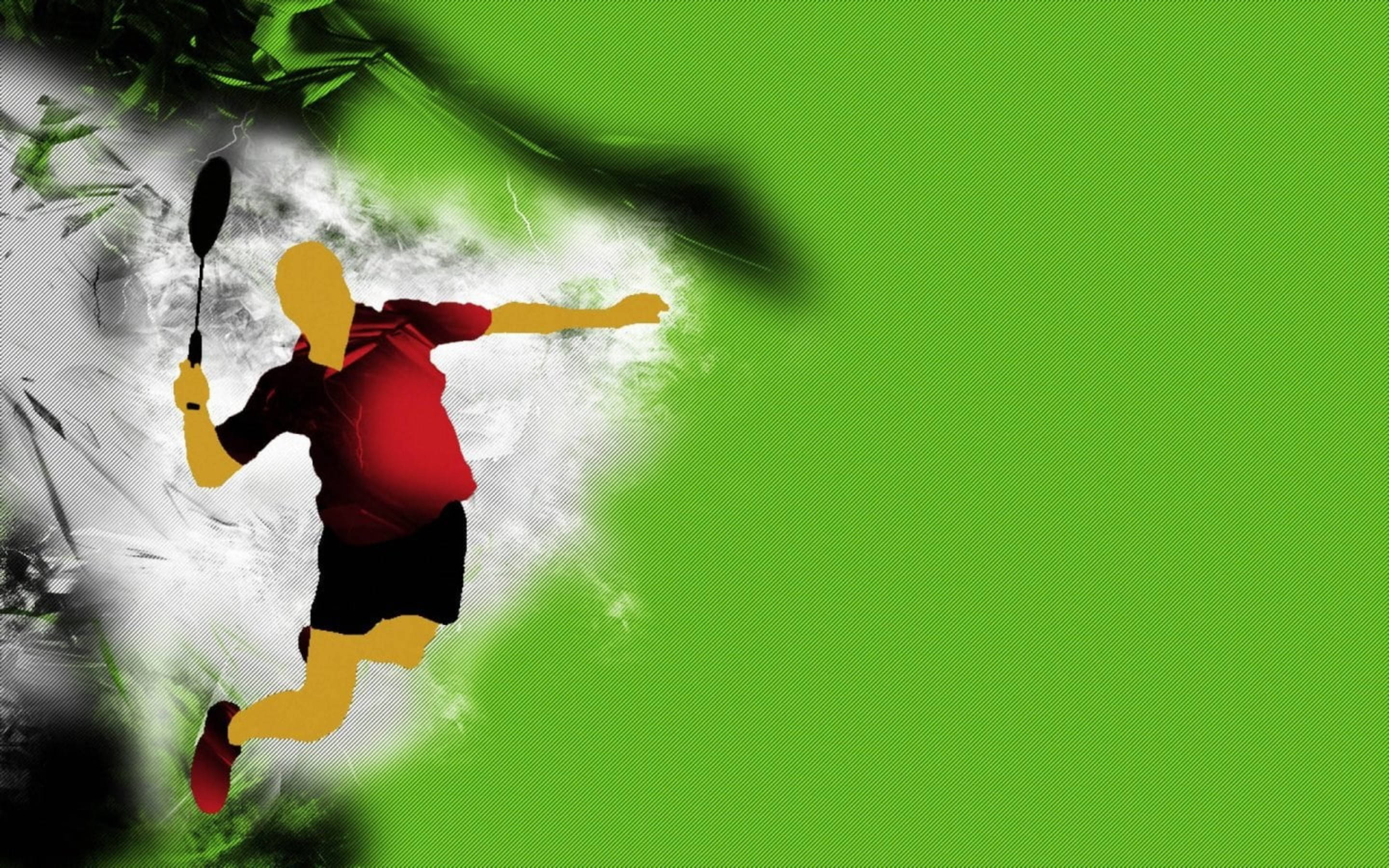badminton player, red and yellow, vibrant green background, 2K Desktop Wallpaper