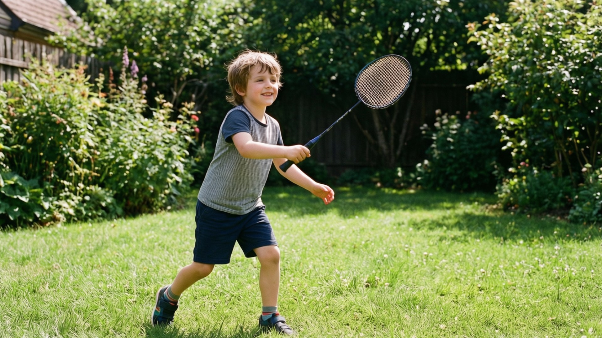 badminton racket, sunny grassy lawn, lush green bushes, Full HD Desktop Wallpaper