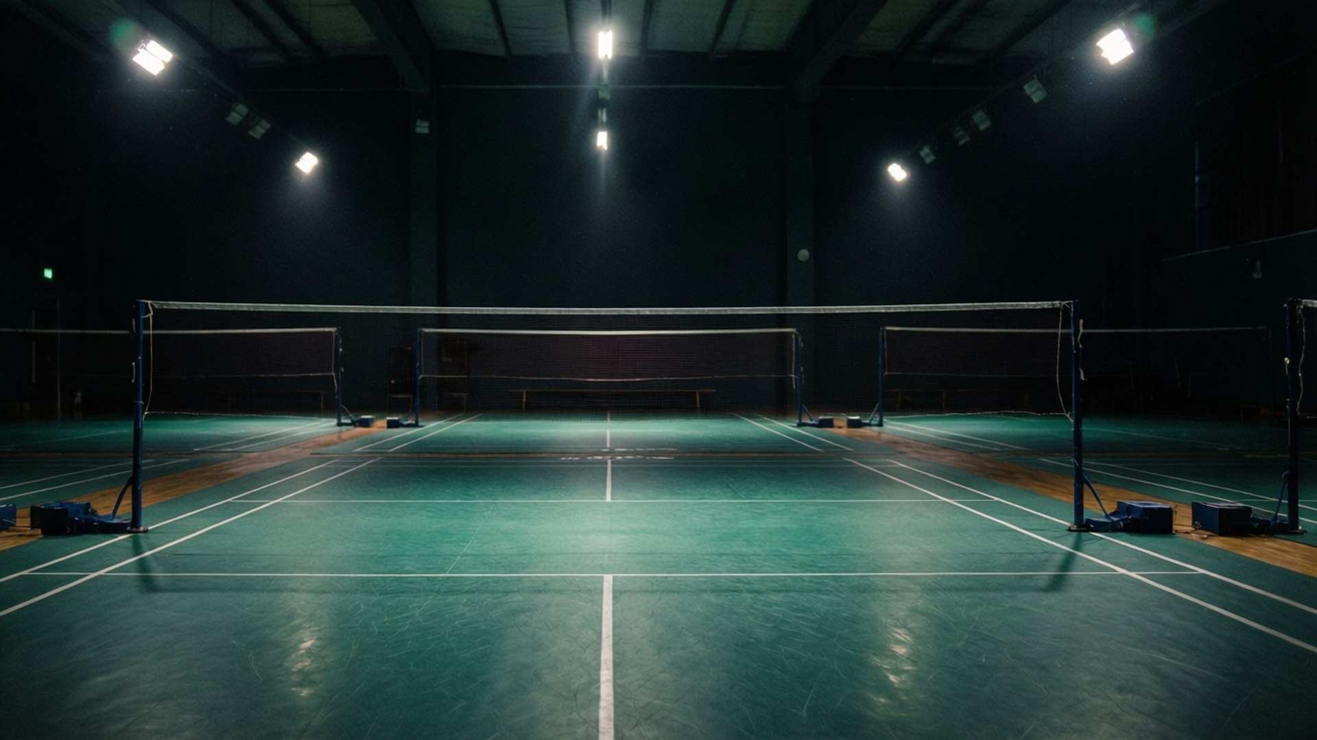 indoor badminton court, green flooring, white lines, Full HD Desktop Wallpaper