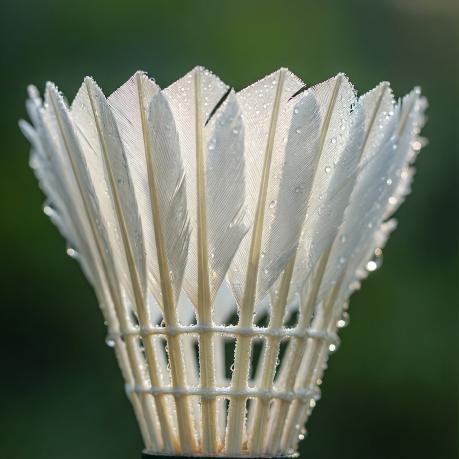 white badminton shuttlecock, dewdrops glistening on its feathers, blurred green background, HD Desktop Wallpaper