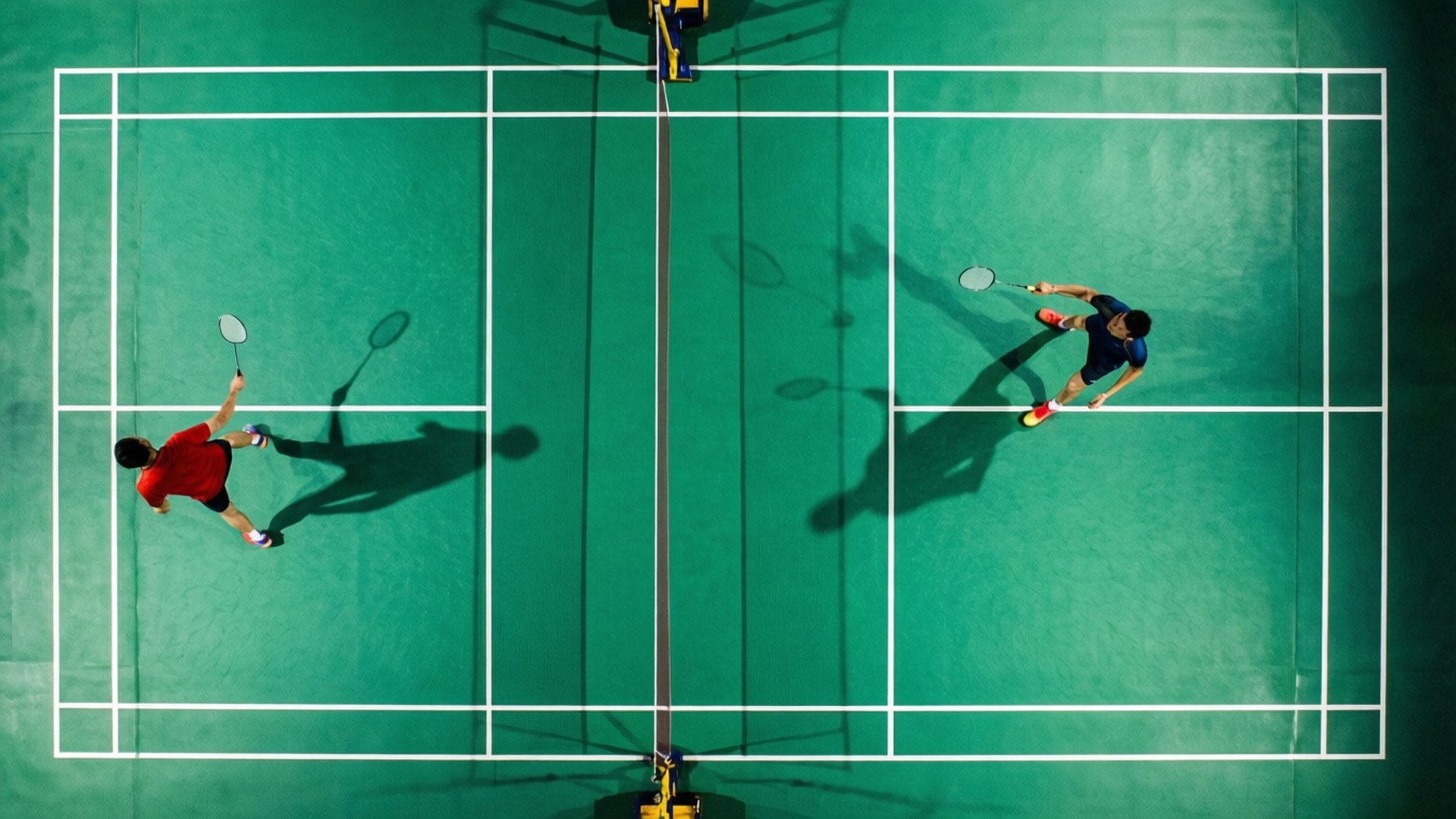 badminton players, vibrant green court, crisp white lines, Full HD Desktop Wallpaper