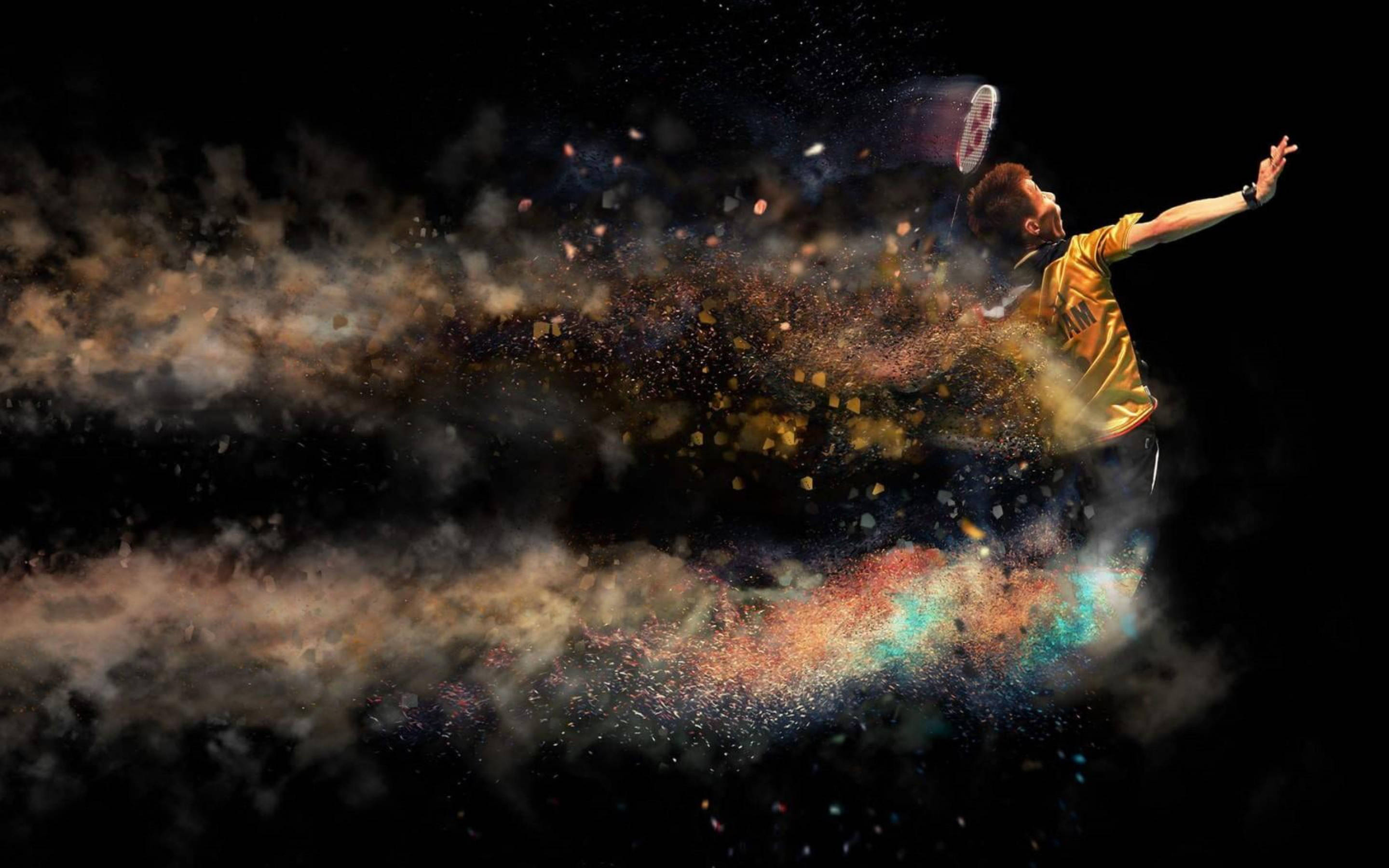 badminton player, yellow shirt, colorful particles, 2K Desktop Wallpaper