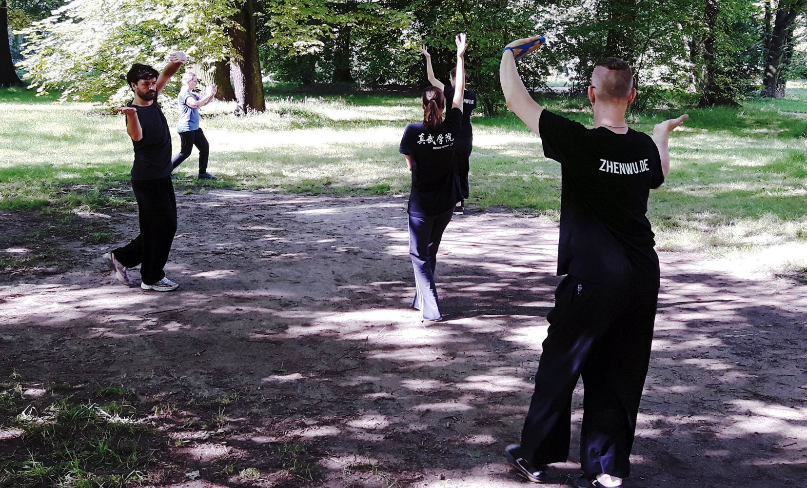 Bagua, black martial arts uniforms, sun-dappled dirt path, HD Desktop Wallpaper