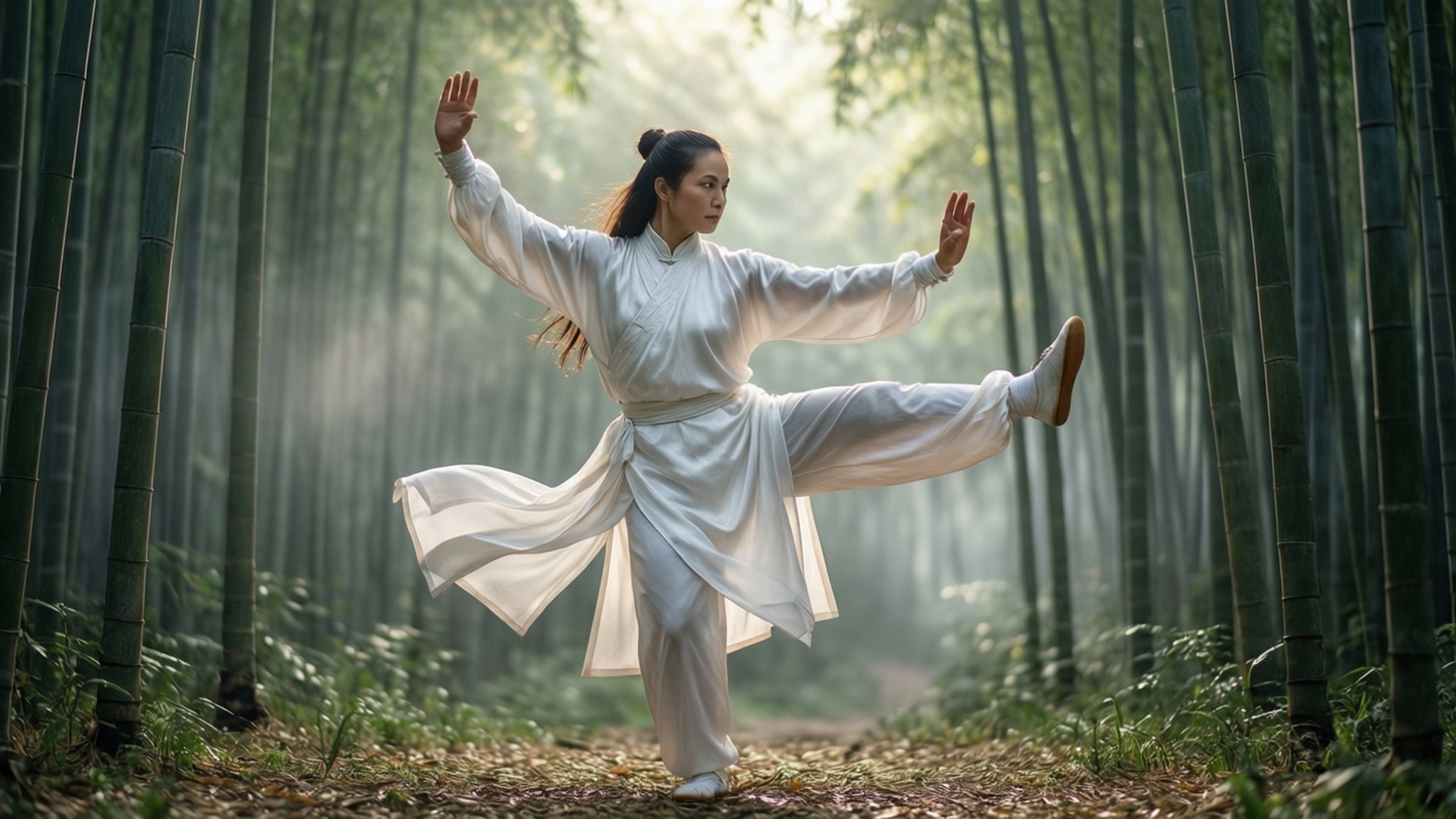 mist bamboo stance, flowing white robes, misty bamboo forest, Full HD Desktop Wallpaper