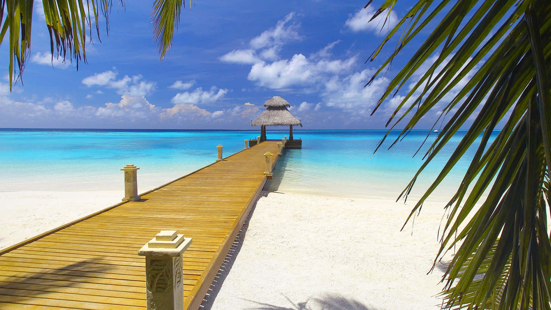 Bahamas Beach, wooden pier, thatched-roof pavilion, Full HD Desktop Wallpaper