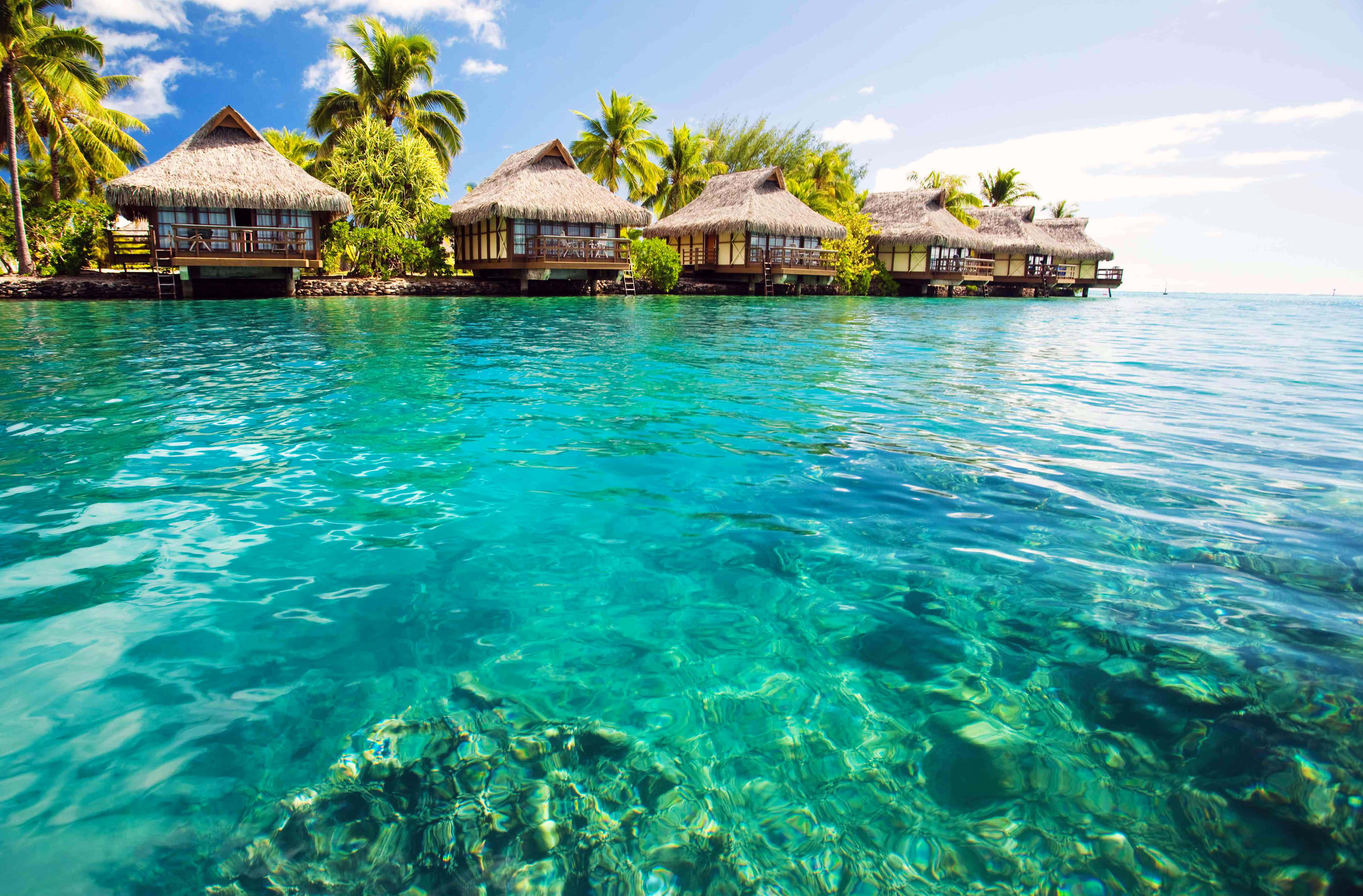 Bahamas Beach, overwater bungalows, thatched roofs, 5K Desktop Wallpaper