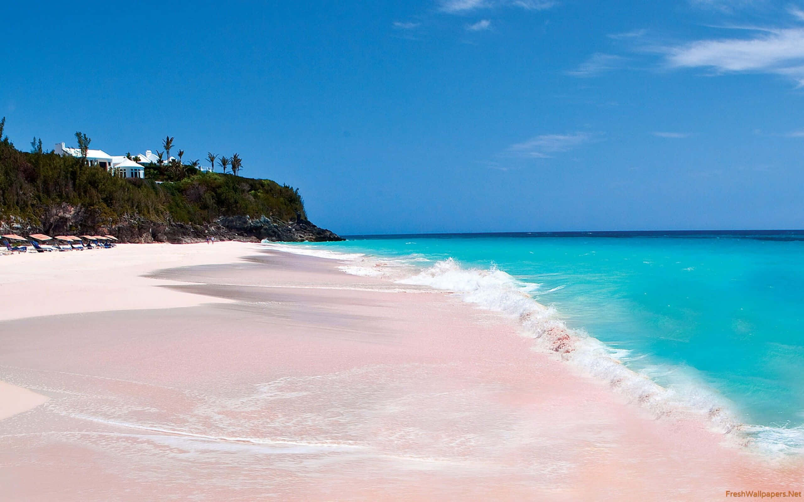 Bahamas Beach, pink sand beach, turquoise waves, 2K Desktop Wallpaper