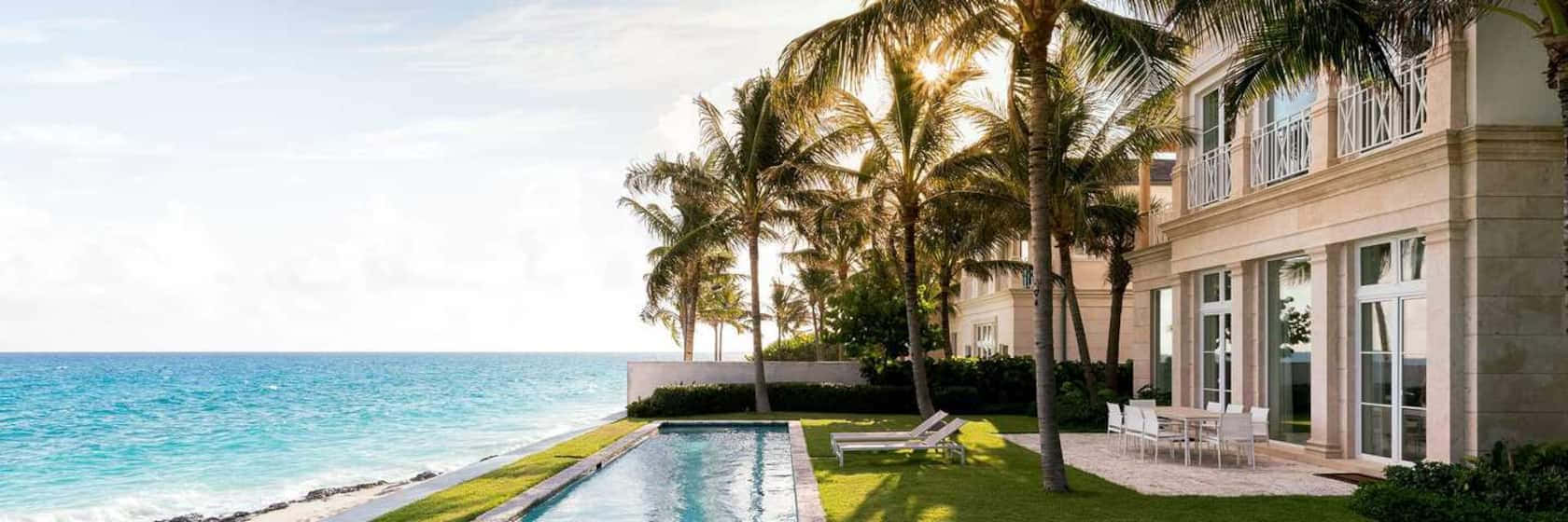 Bahamas Island, infinity pool, palm trees, HD Desktop Wallpaper