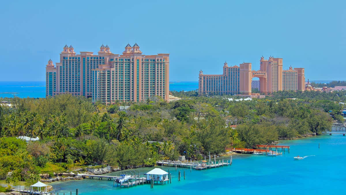 Bahamas Island, pink resort towers, lush greenery, SD Desktop Wallpaper