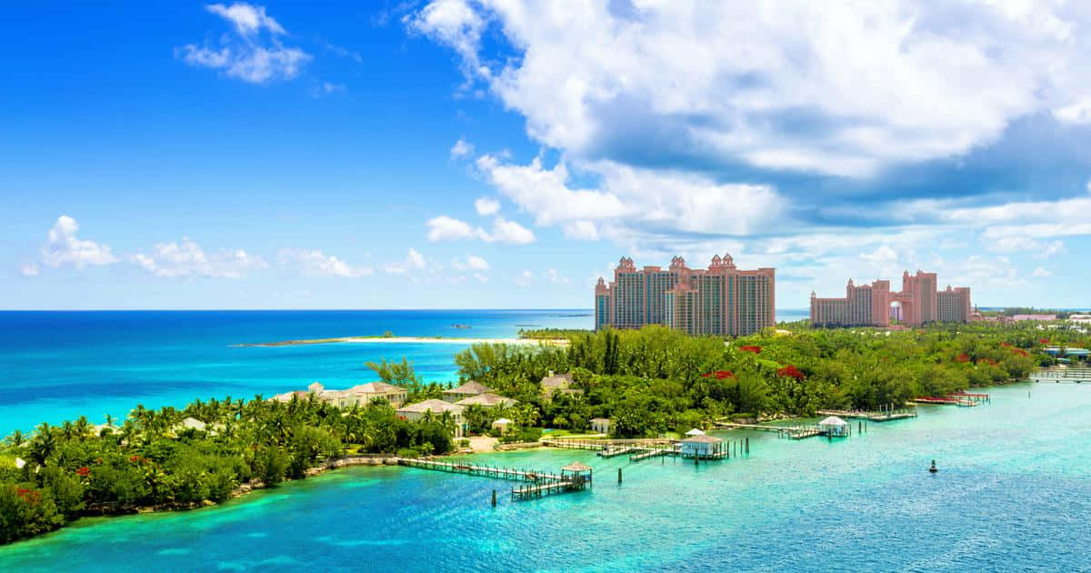 Bahamas Island, pink towers, lush greenery, SD Desktop Wallpaper