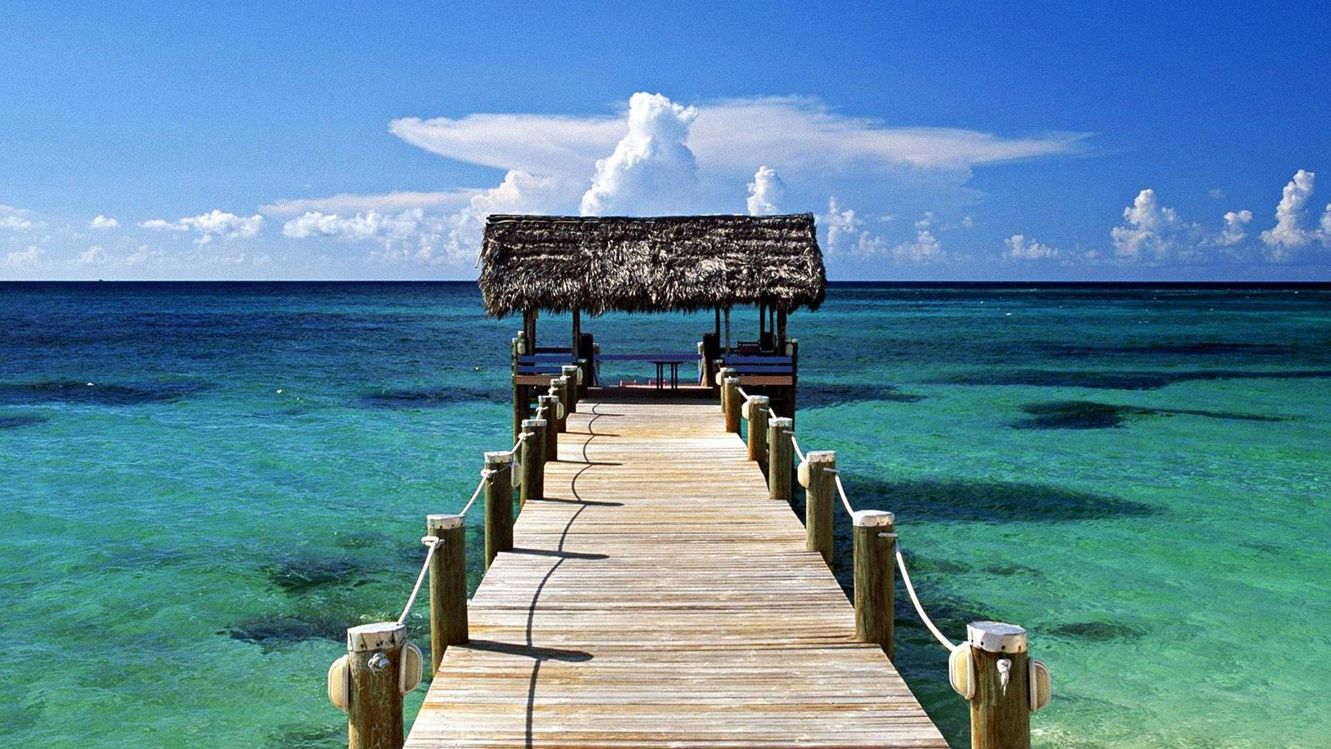 Bahamas, wooden pier, crystal clear turquoise water, Full HD Desktop Wallpaper