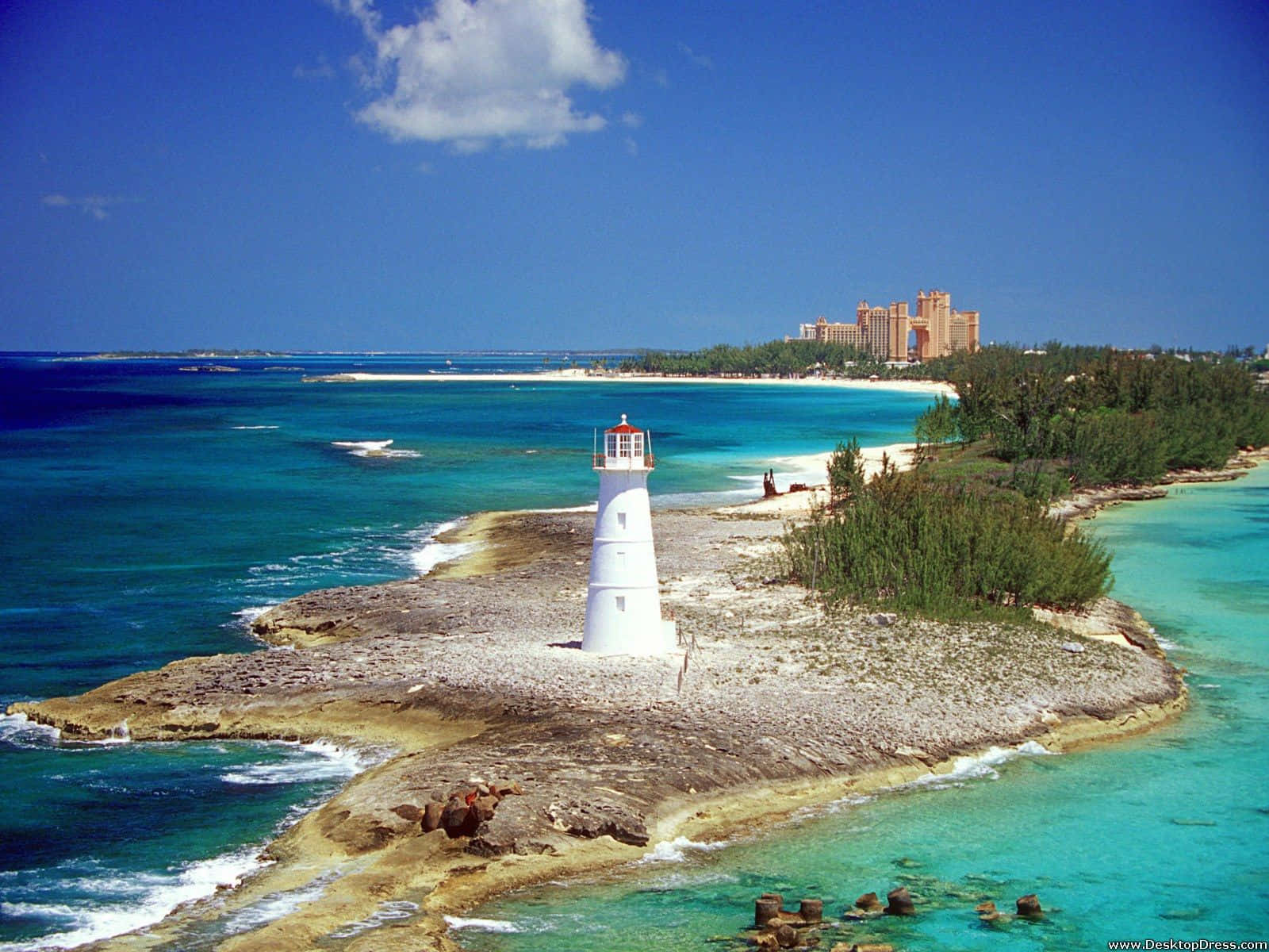 Bahamas Beach, white lighthouse, rocky island, HD Desktop Wallpaper