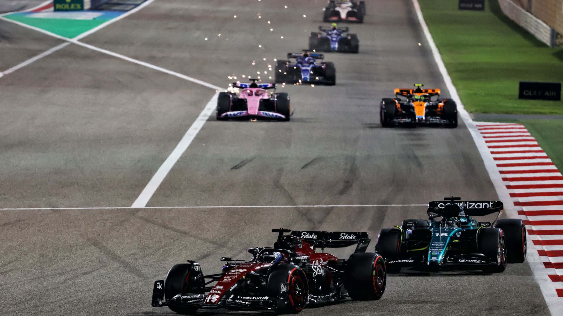 Bahrain Gp, F1 race cars, night circuit, Full HD Desktop Wallpaper