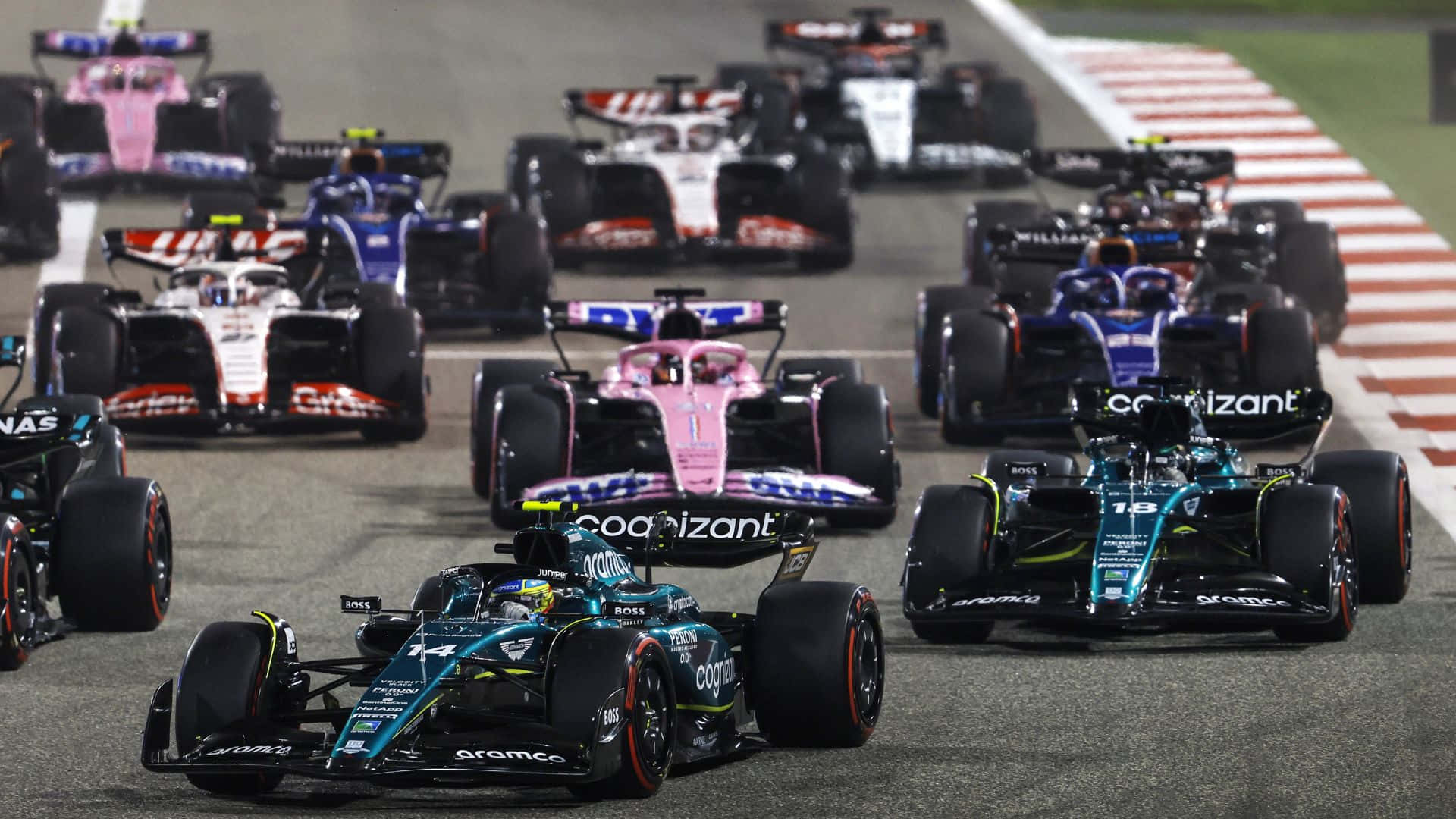 Bahrain Gp, F1 race cars, lit track, Full HD Desktop Wallpaper