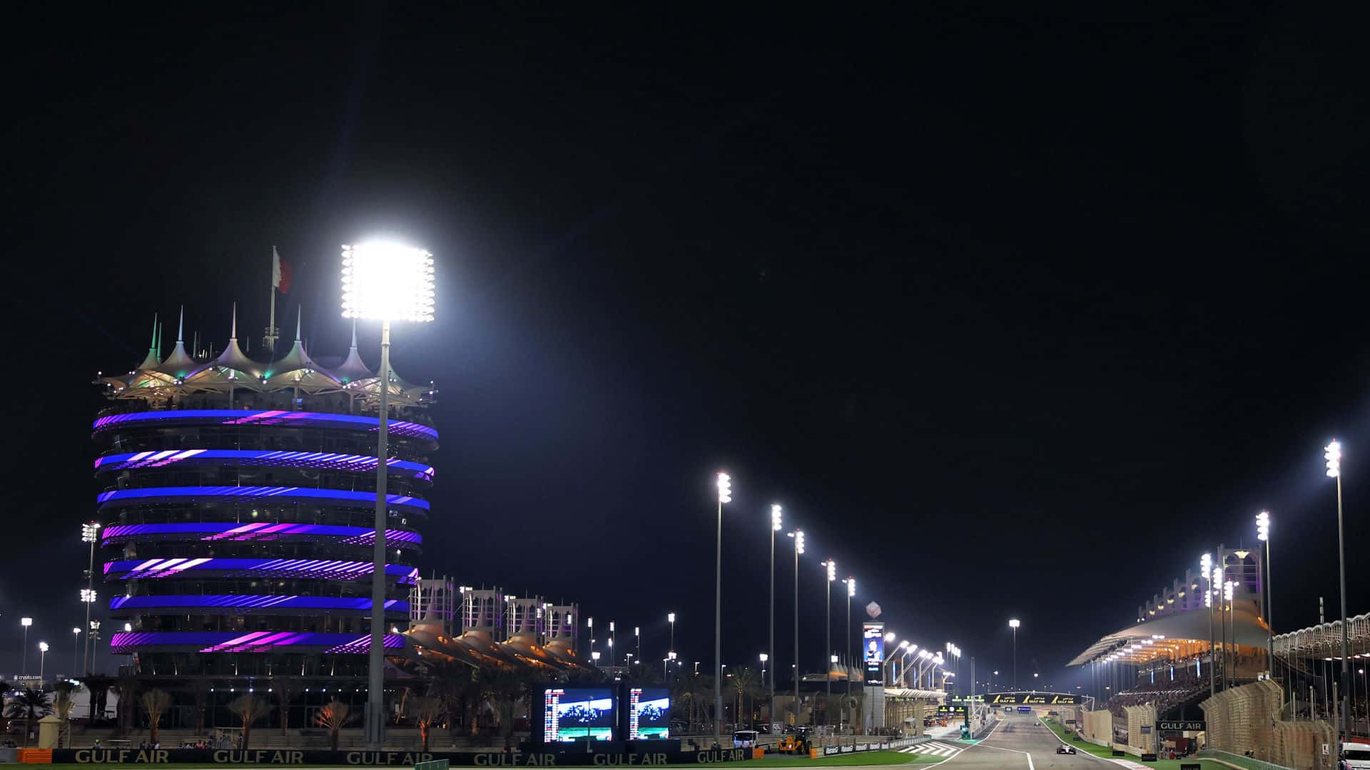 Bahrain Gp, night, glowing purple and blue circular building, Full HD Desktop Wallpaper