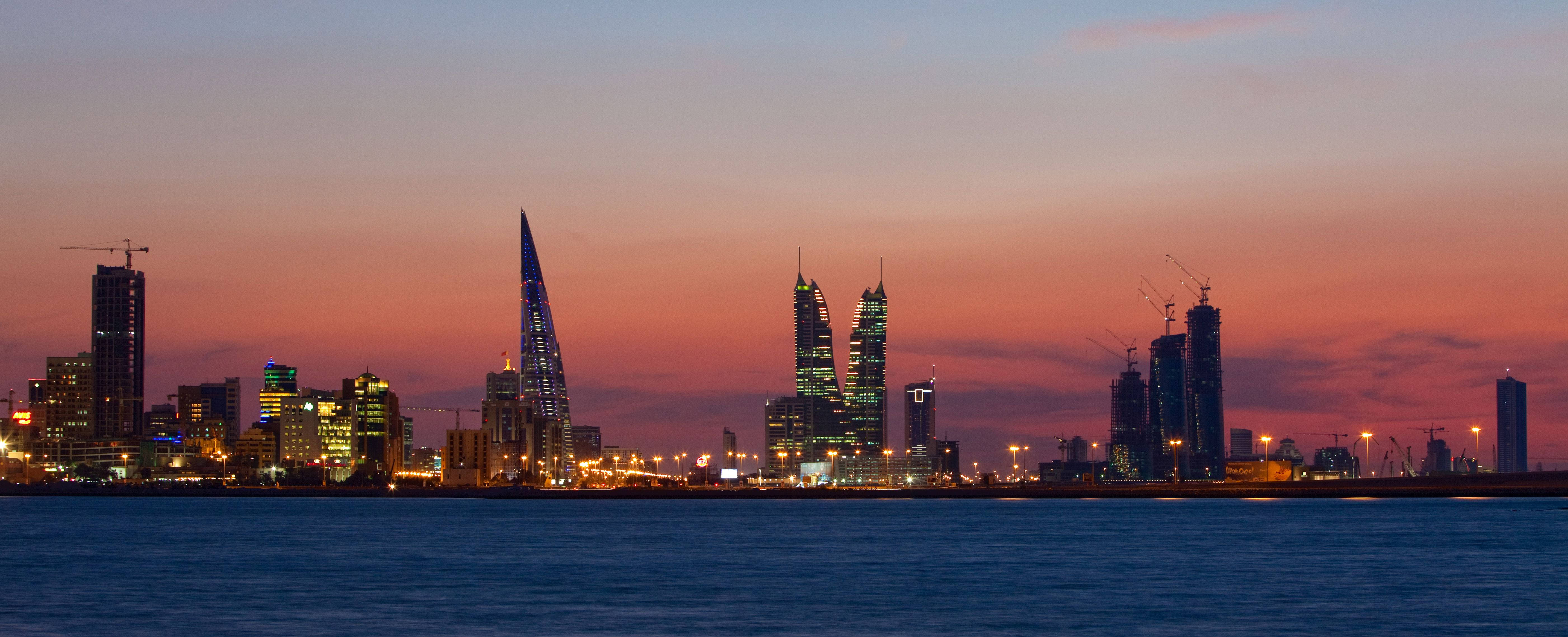 Bahrain, Red Orange Sunset, modern skyscrapers, 5K Desktop Wallpaper