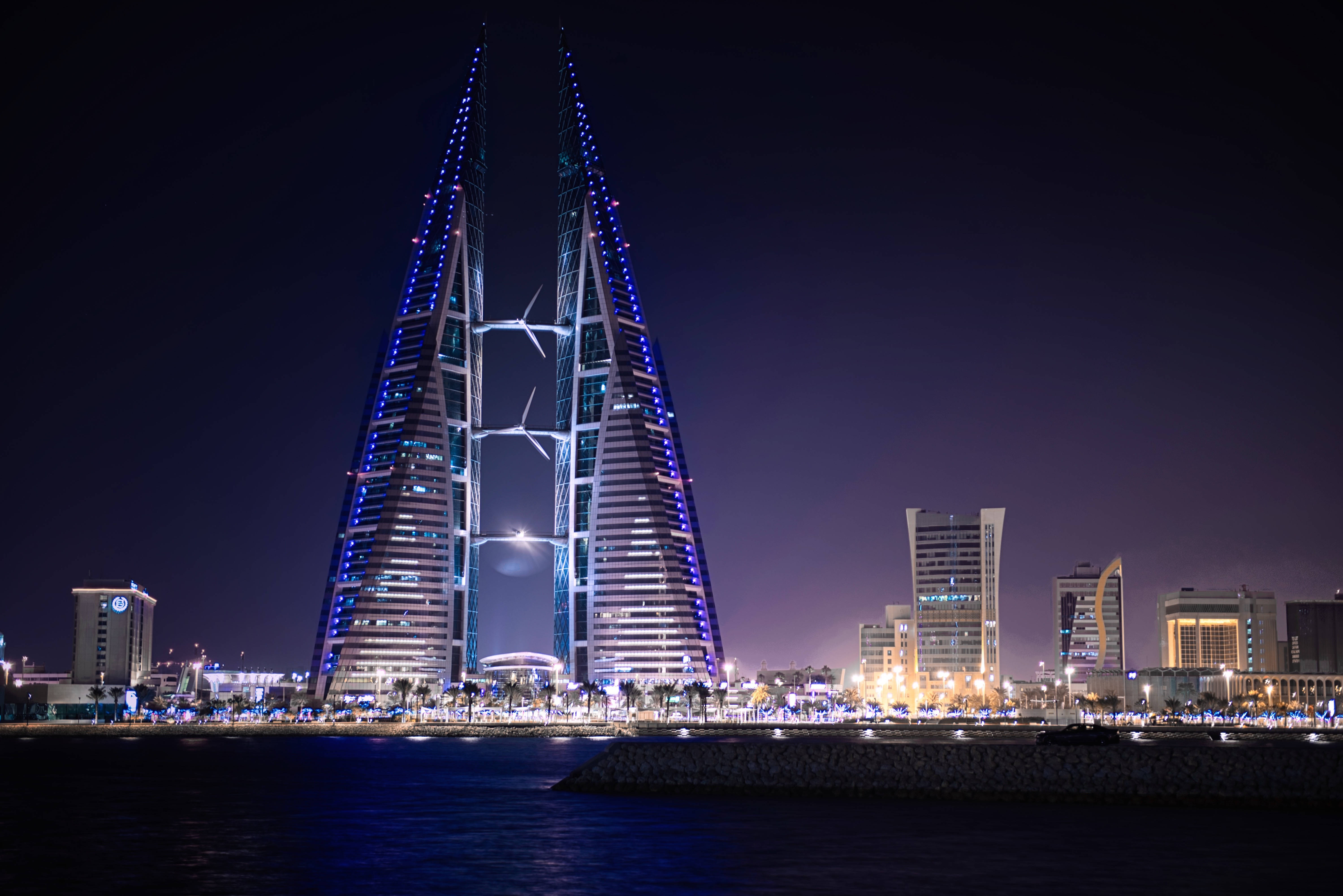 Bahrain, night life, twin skyscrapers, 5K Desktop Wallpaper