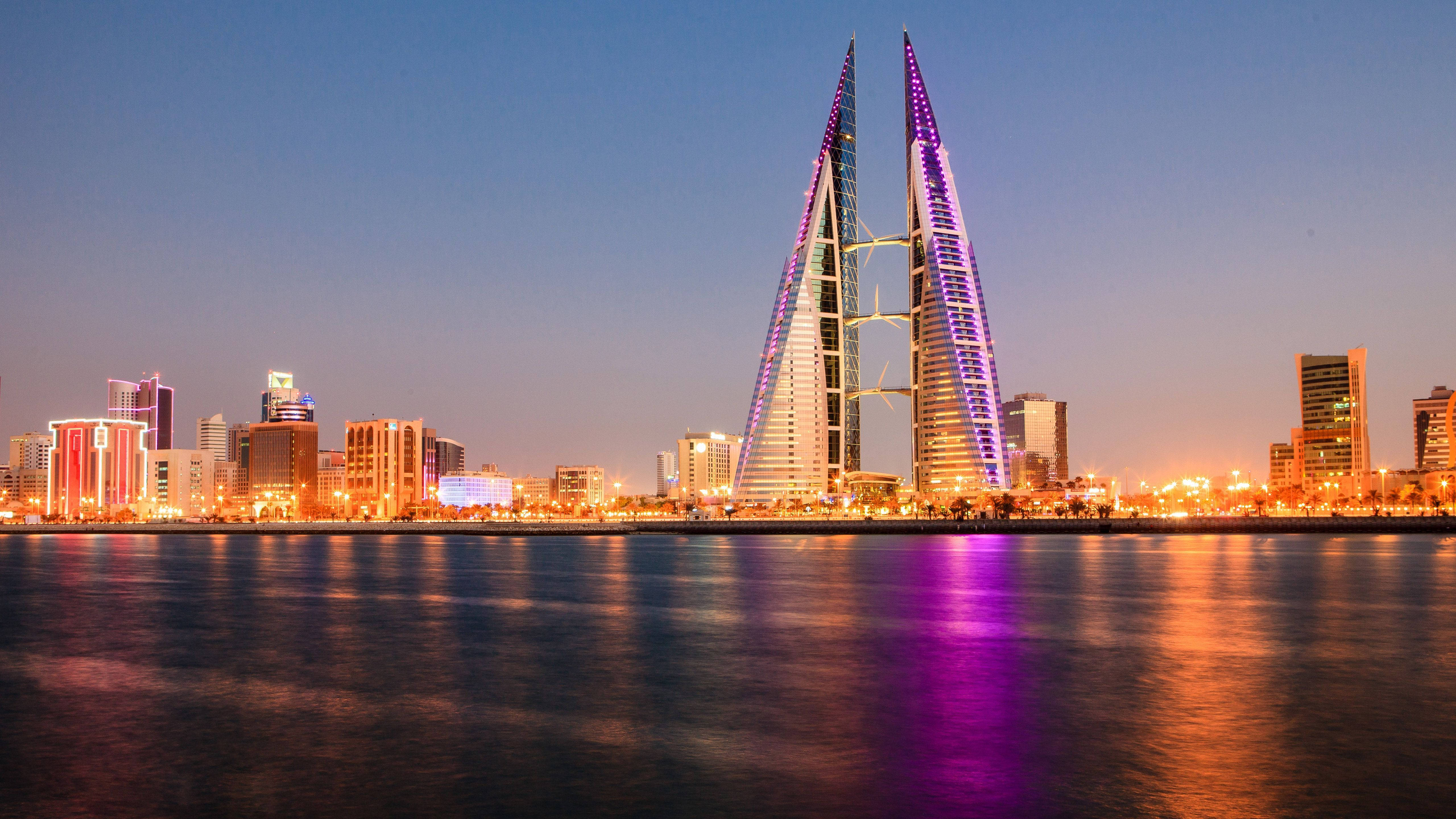 Bahrain, twin towers, purple lights, 5K Desktop Wallpaper