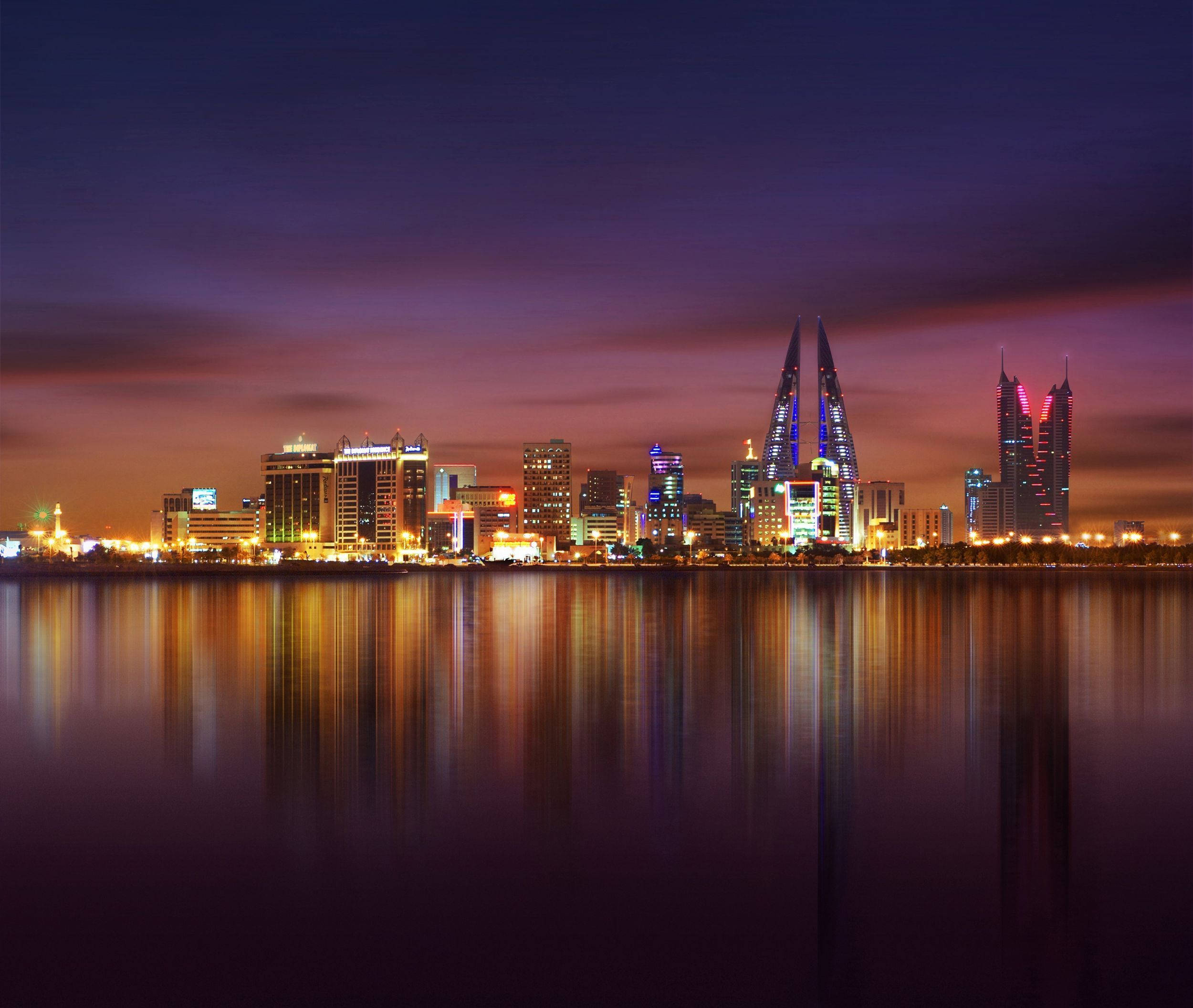 Bahrain, Night Skyline, purple sky, Full HD Desktop Wallpaper
