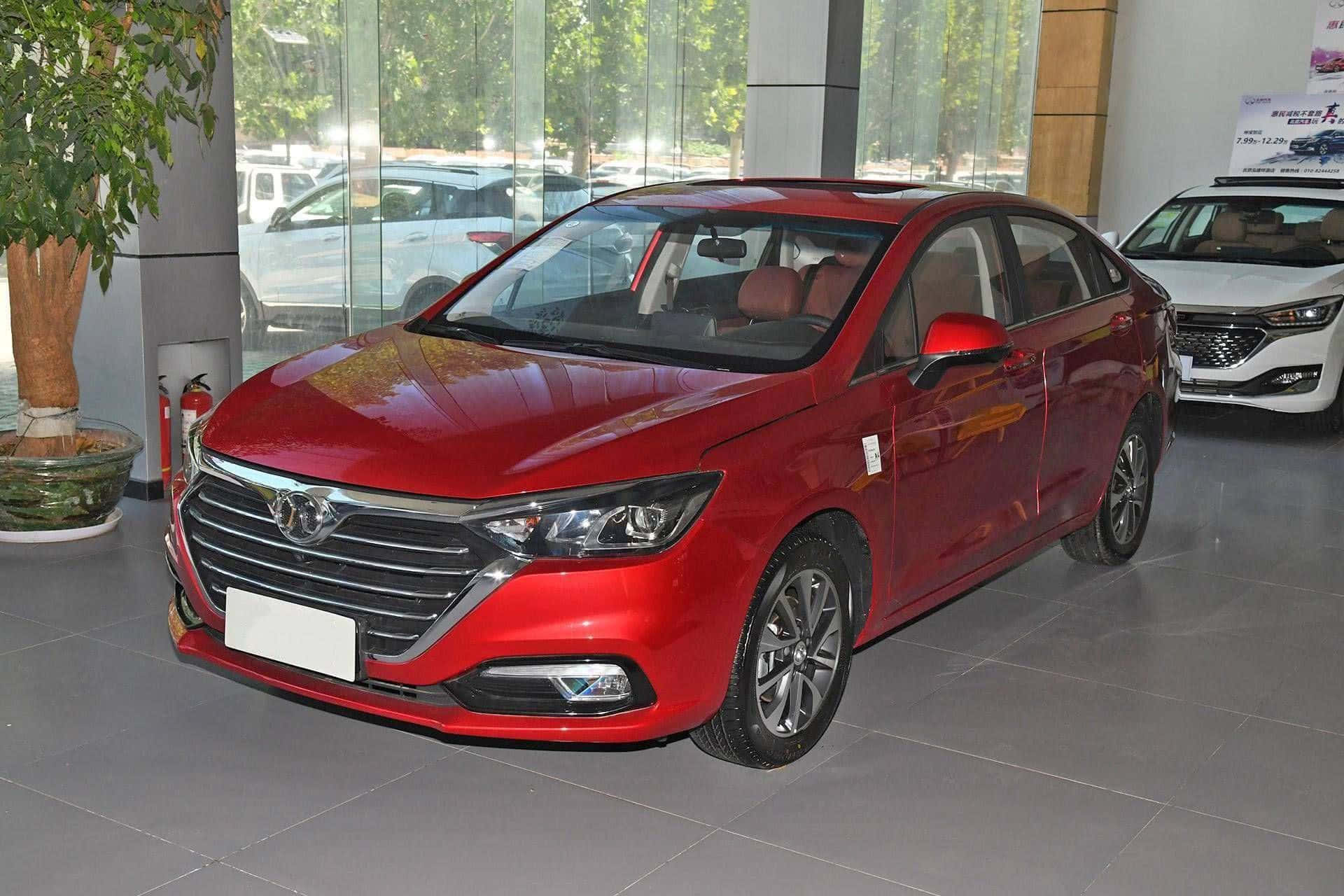 BAIC Group, glossy red sedan, modern car dealership showroom, Full HD Desktop Wallpaper