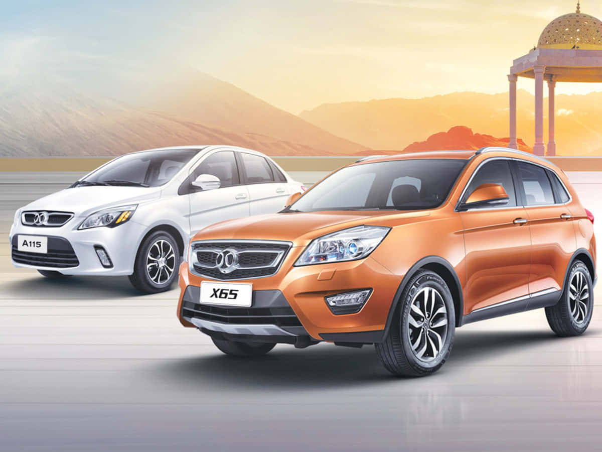 BAIC Group, showroom exterior, orange and white cars, SD Desktop Wallpaper