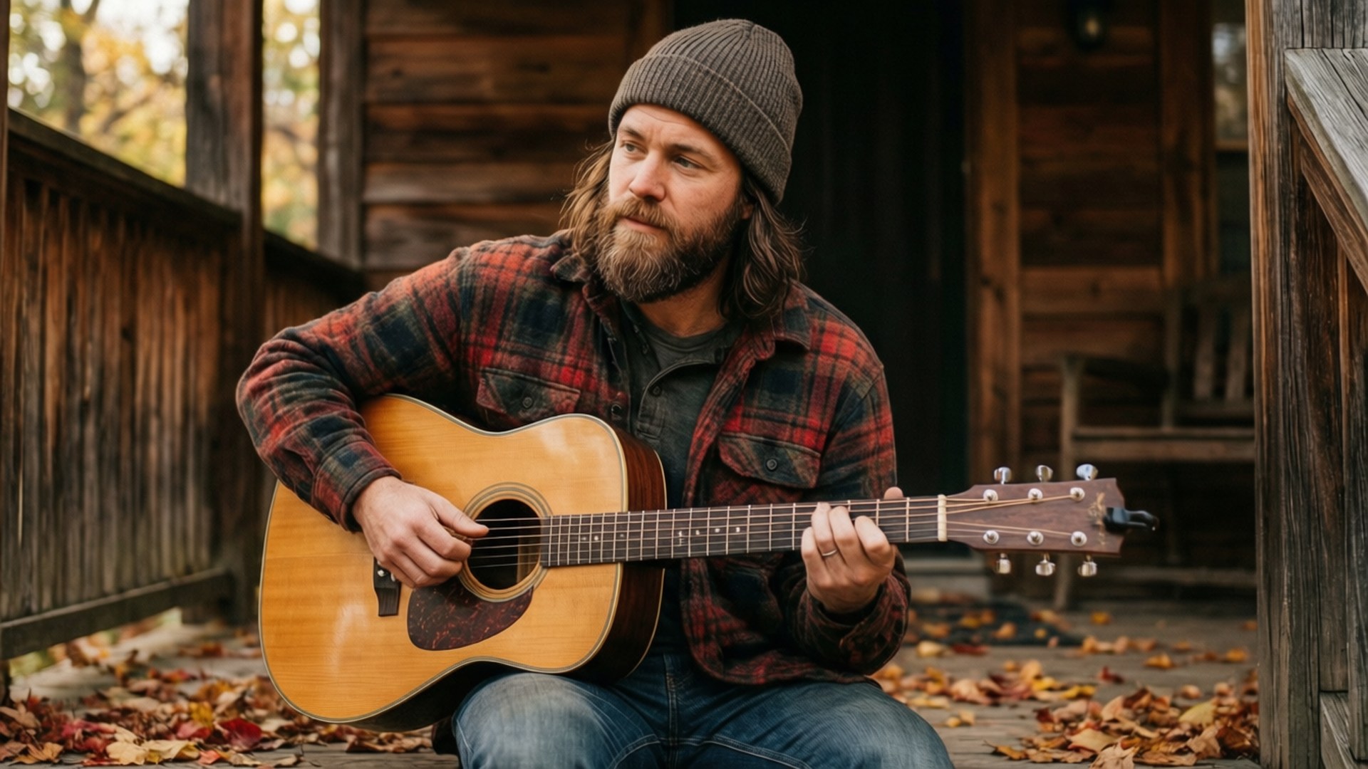 Bailey Zimmerman, rustic porch, acoustic guitar, Full HD Desktop Wallpaper