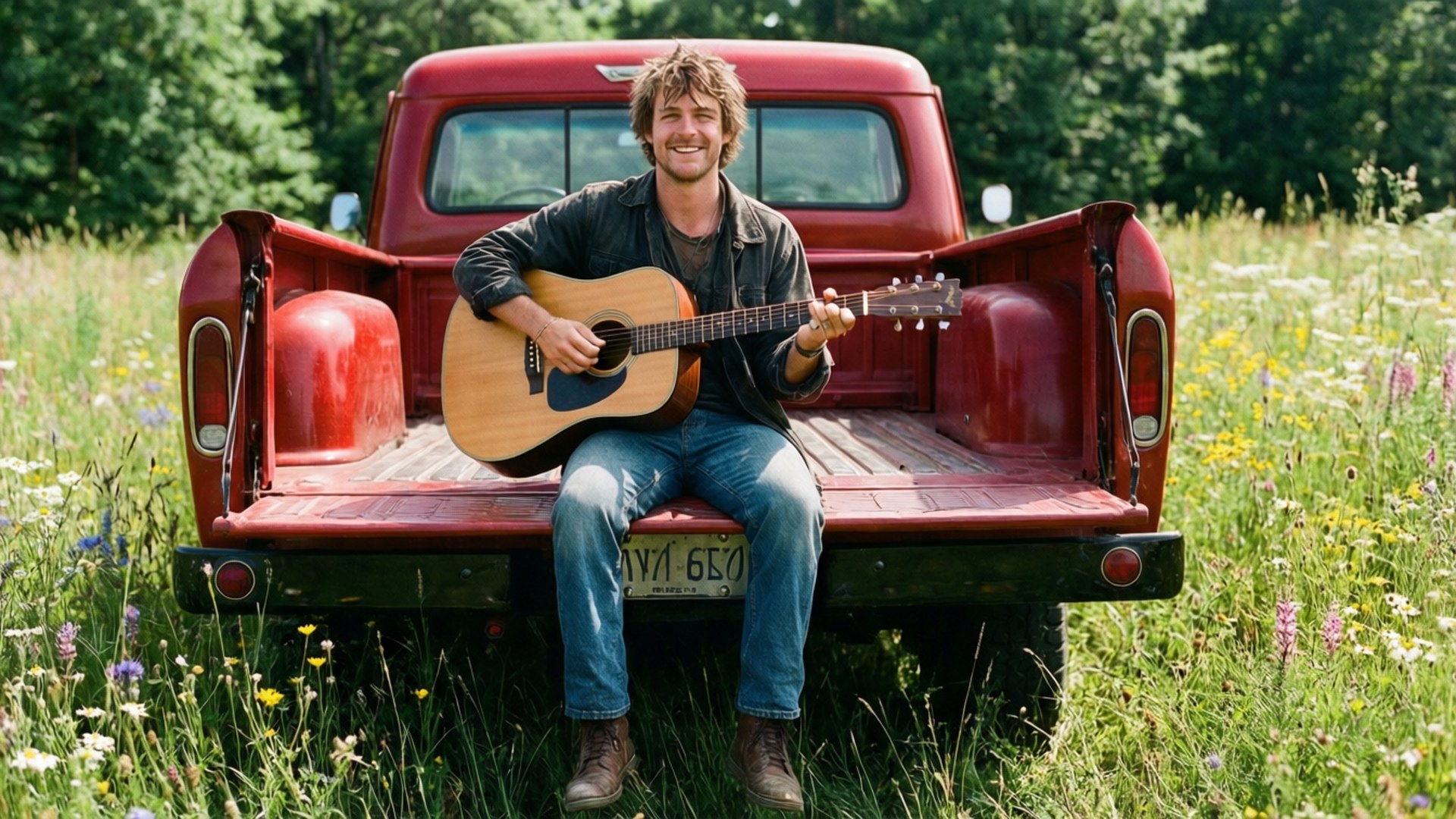 red pickup truck, guitar, wildflowers, Full HD Desktop Wallpaper