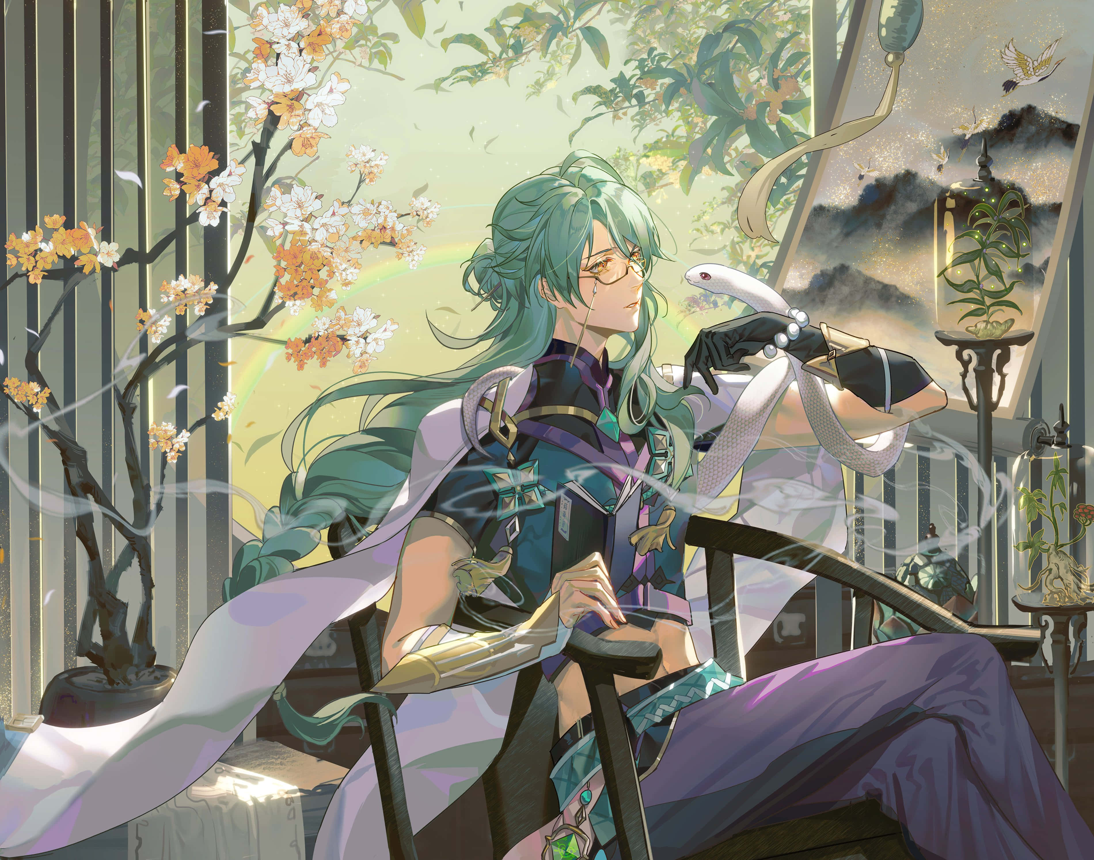 Baizhu, green-haired anime character, cherry blossoms, 2K Desktop Wallpaper
