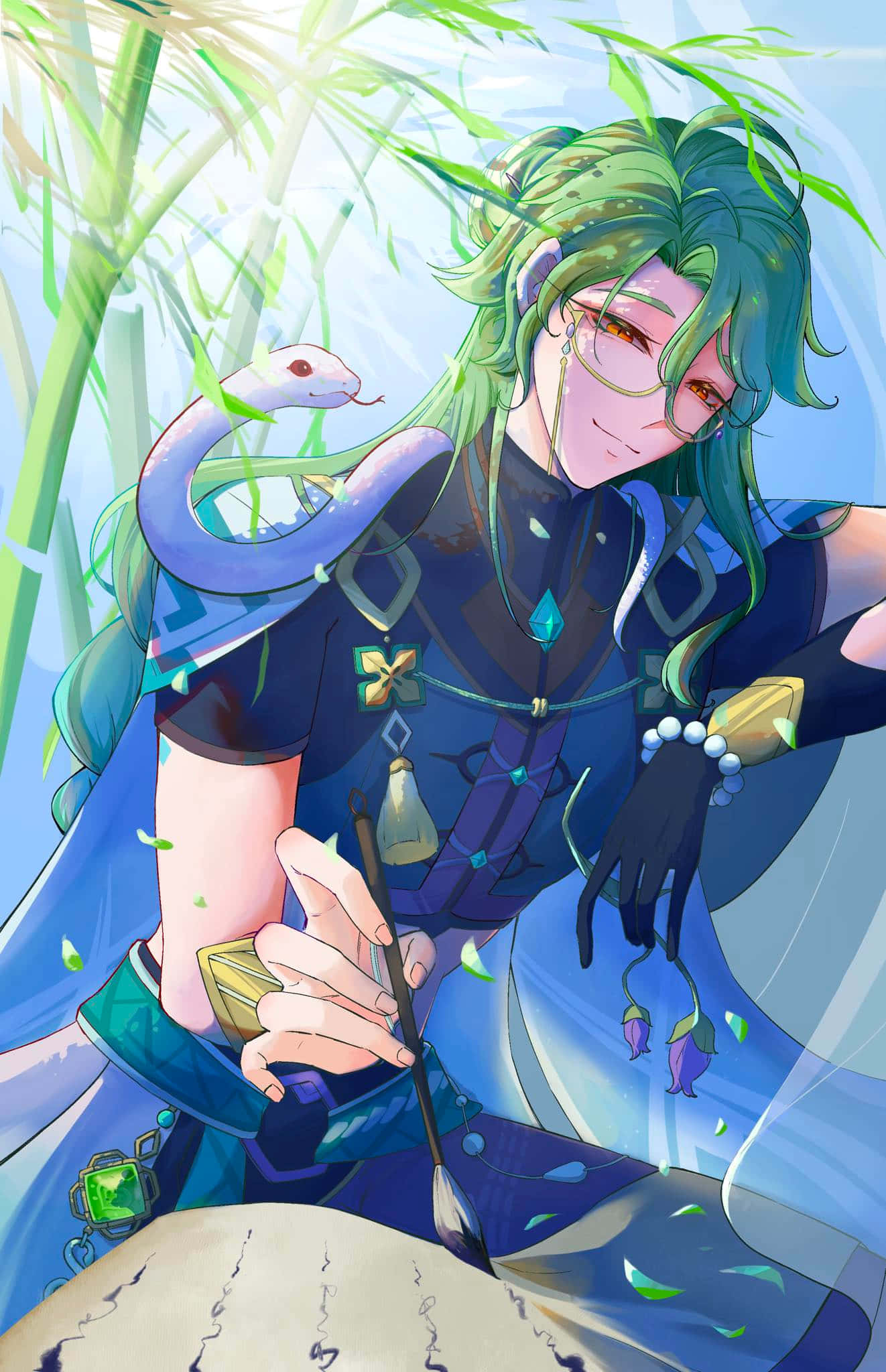 Baizhu, snake, green-haired anime character, Full HD Phone Wallpaper