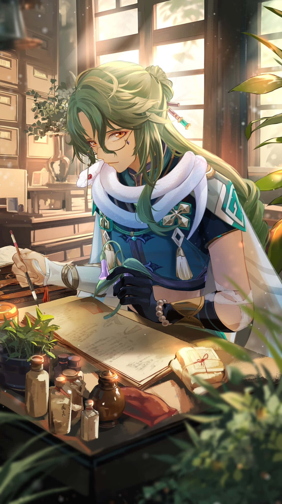 Baizhu, herbalist shop, green-haired anime character, Full HD Phone Wallpaper