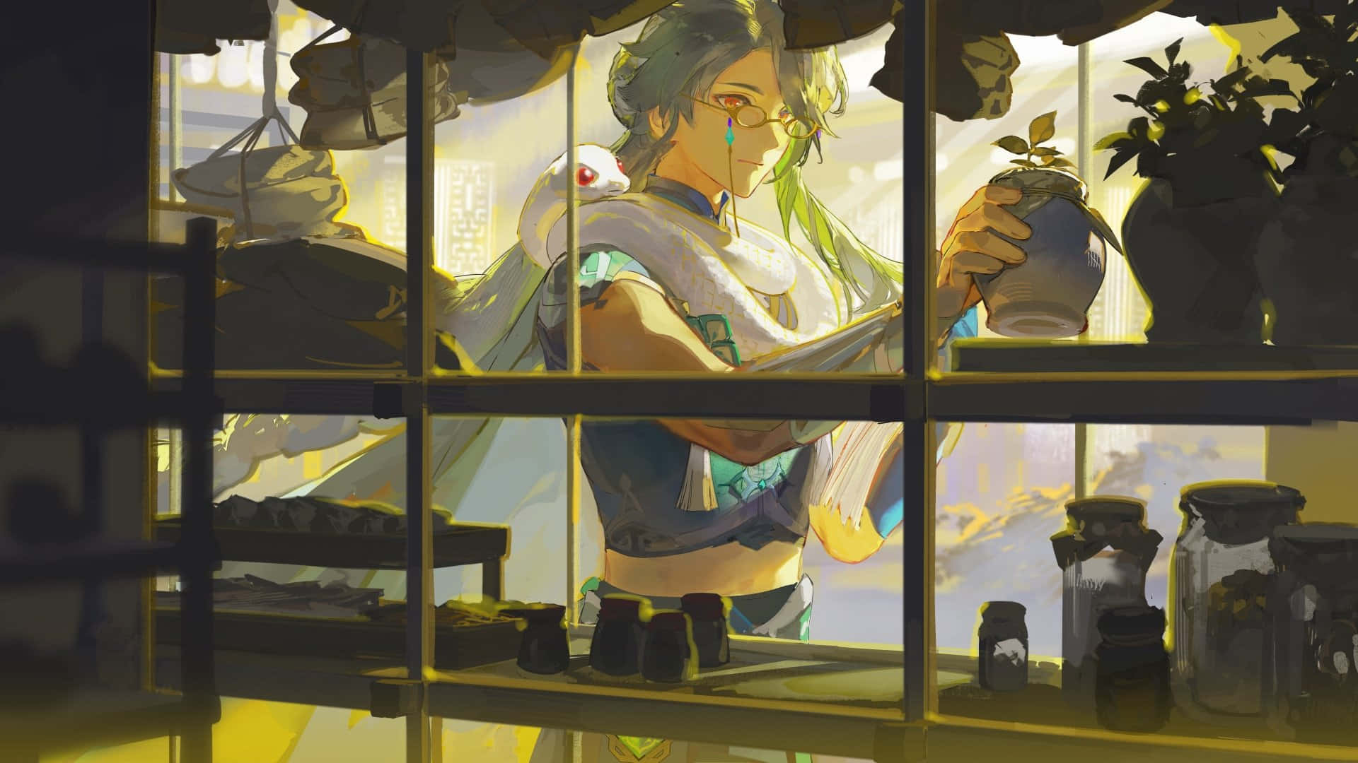 Baizhu, green hair, glasses, Full HD Desktop Wallpaper