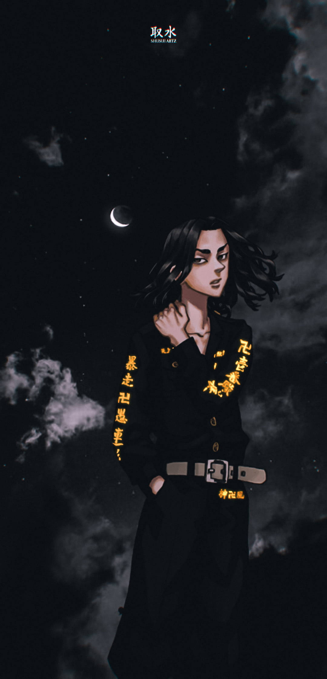Baji Tokyo Revengers, crescent moon, starry night sky, Full HD Phone Wallpaper