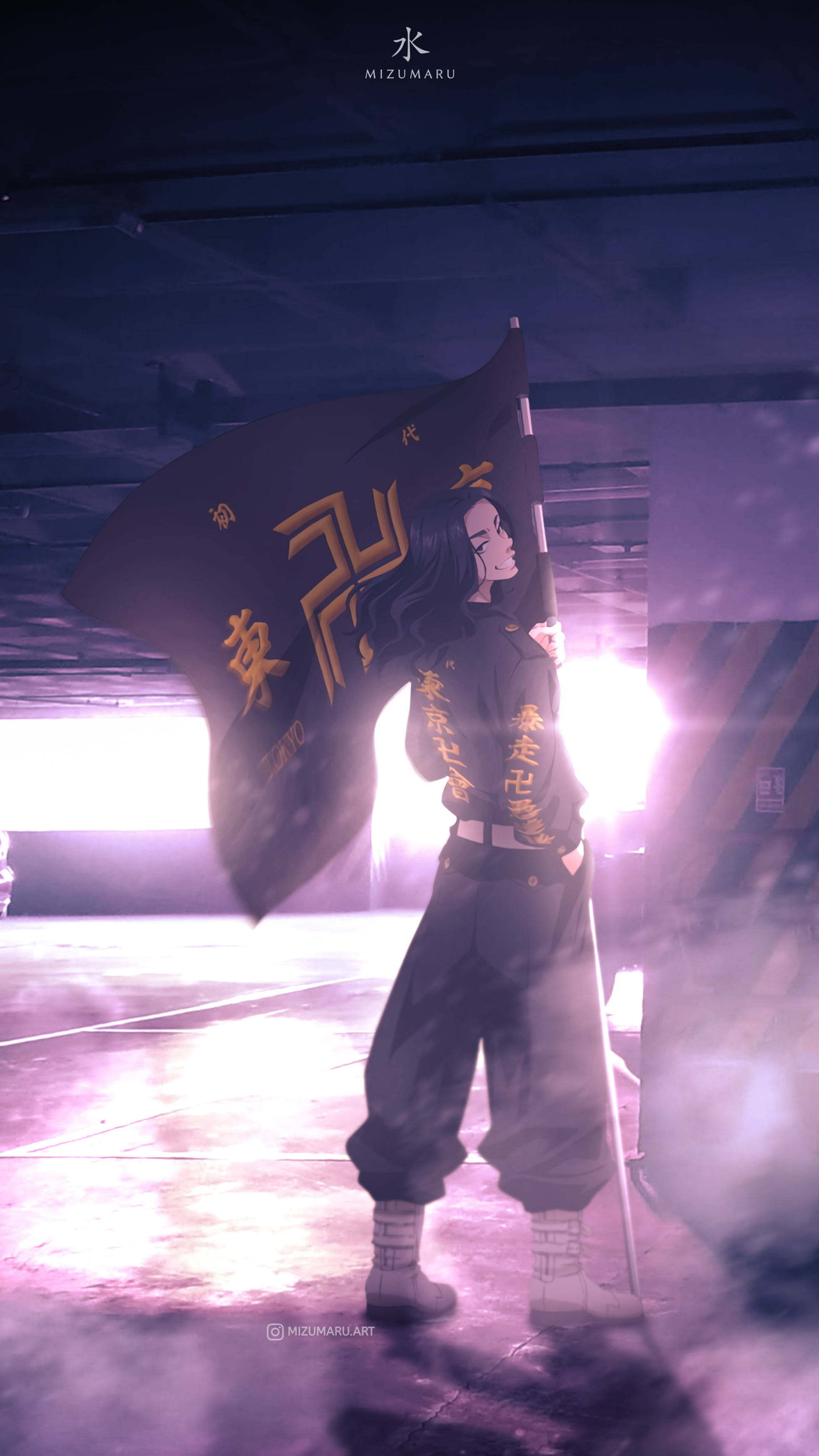 Baji Tokyo Revengers, black flag, gold kanji, 2K Phone Wallpaper