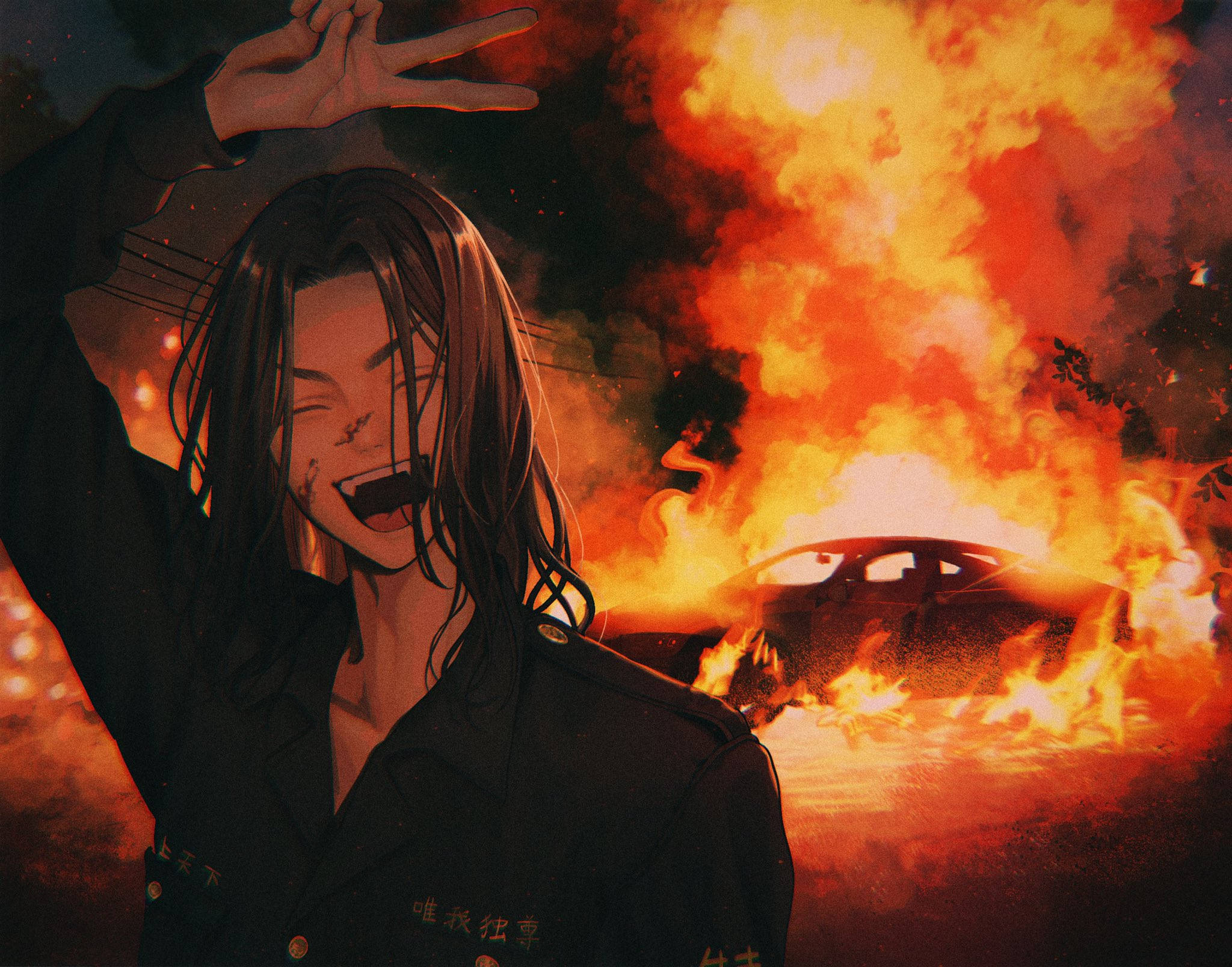 Baji, Tokyo Revengers, burning car, Full HD Desktop Wallpaper