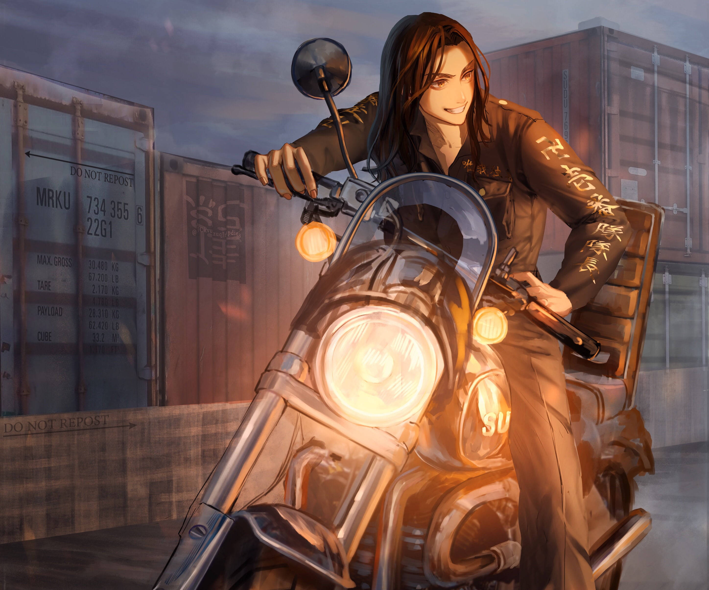 Baji Tokyo Revengers, glowing motorcycle, industrial area, 2K Desktop Wallpaper