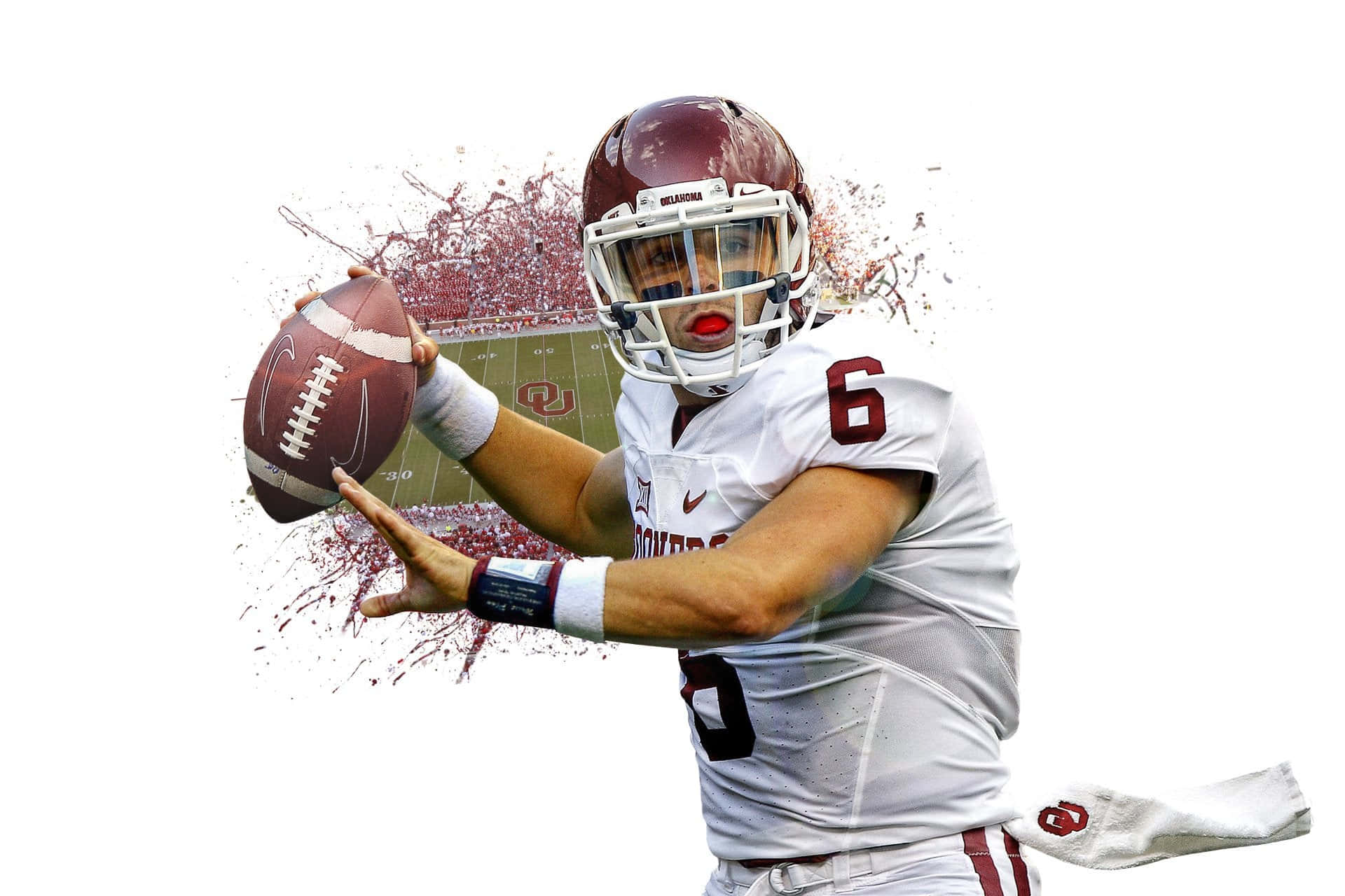 Baker Mayfield, white and crimson uniform, football quarterback, Full HD Desktop Wallpaper