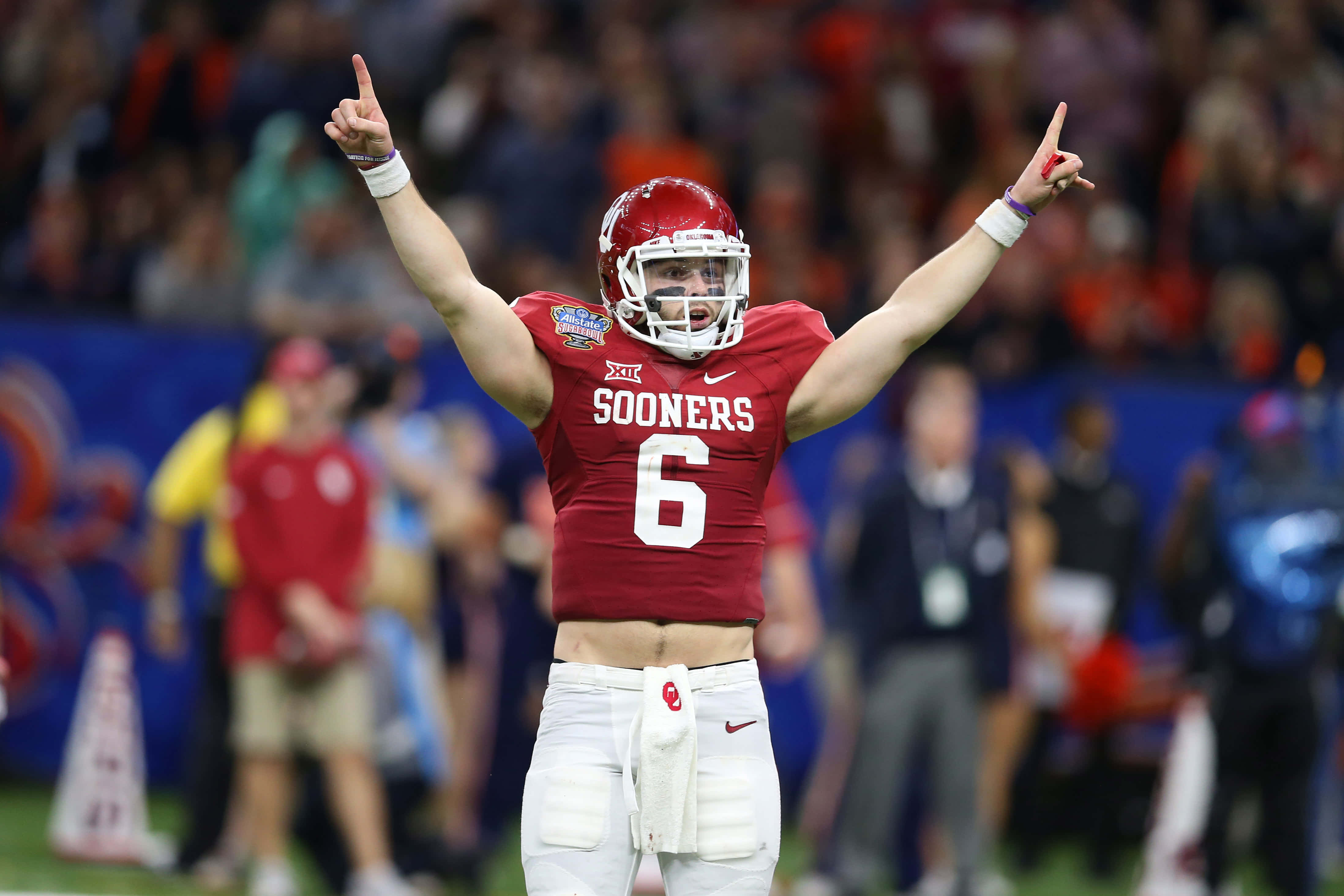 Baker Mayfield, red Sooners jersey, number 6, 4K Desktop Wallpaper