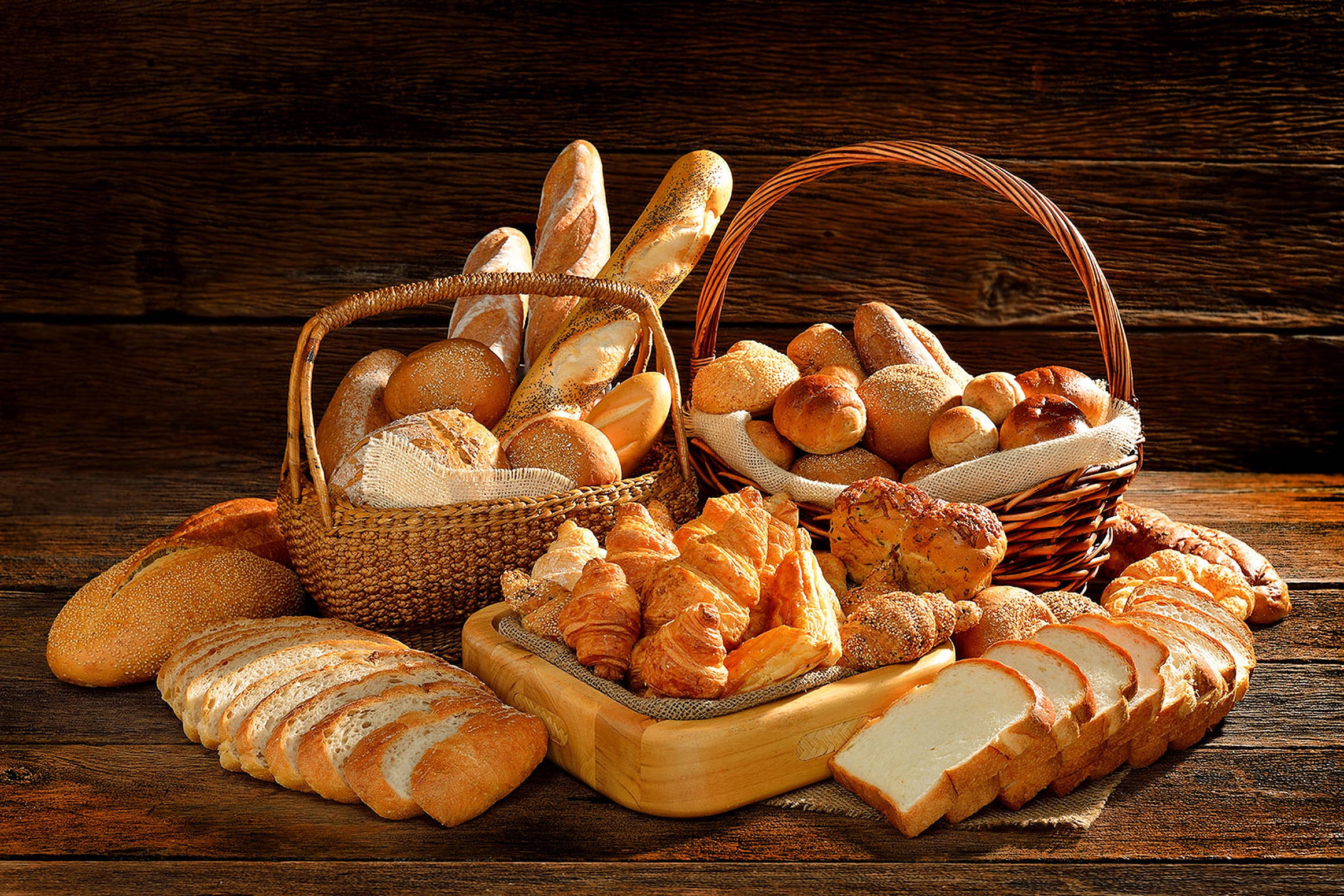 rustic wooden table, baskets, board, Full HD Desktop Wallpaper