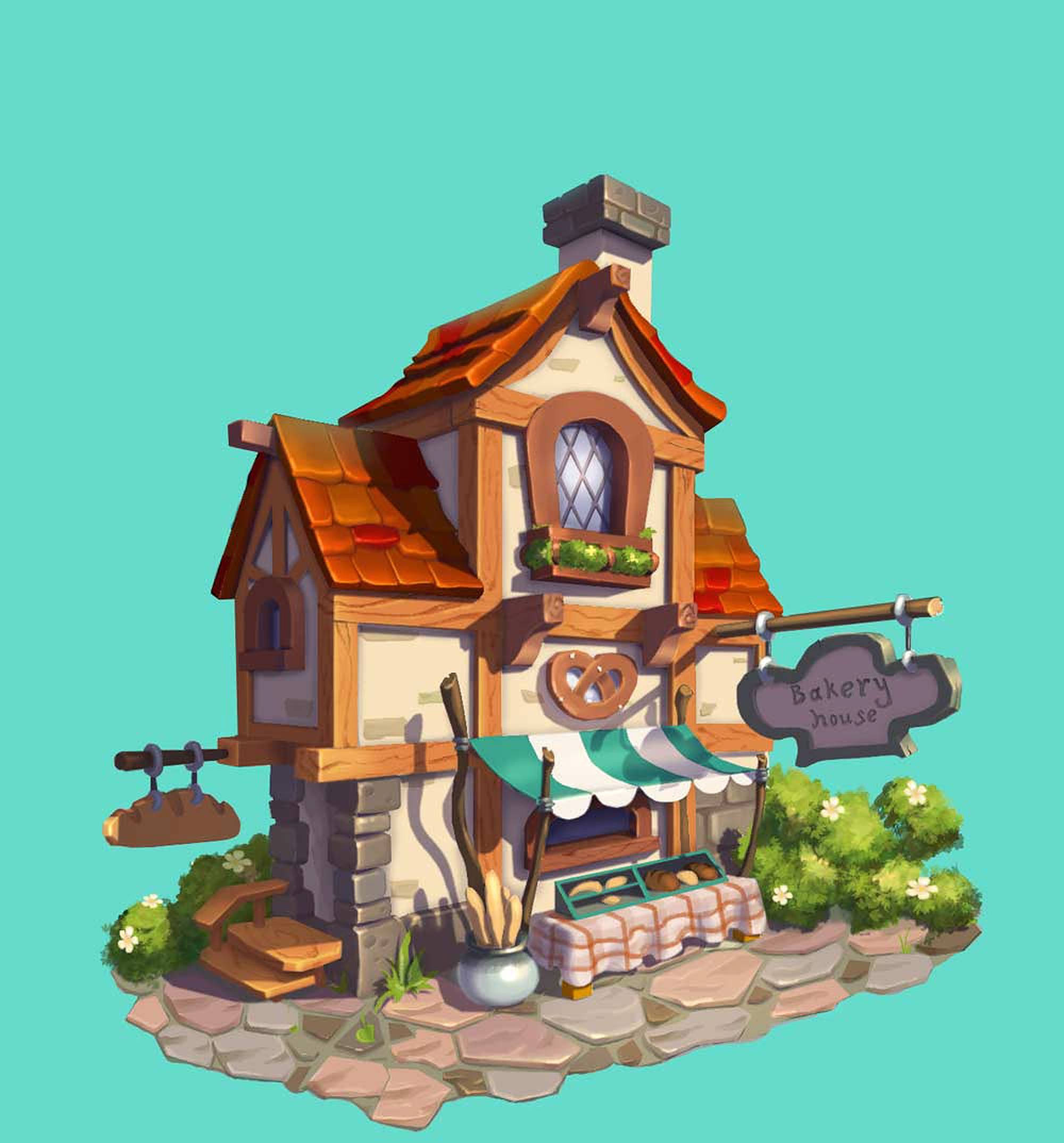 Bakery, 3D Art, cartoon bakery house, Full HD Phone Wallpaper