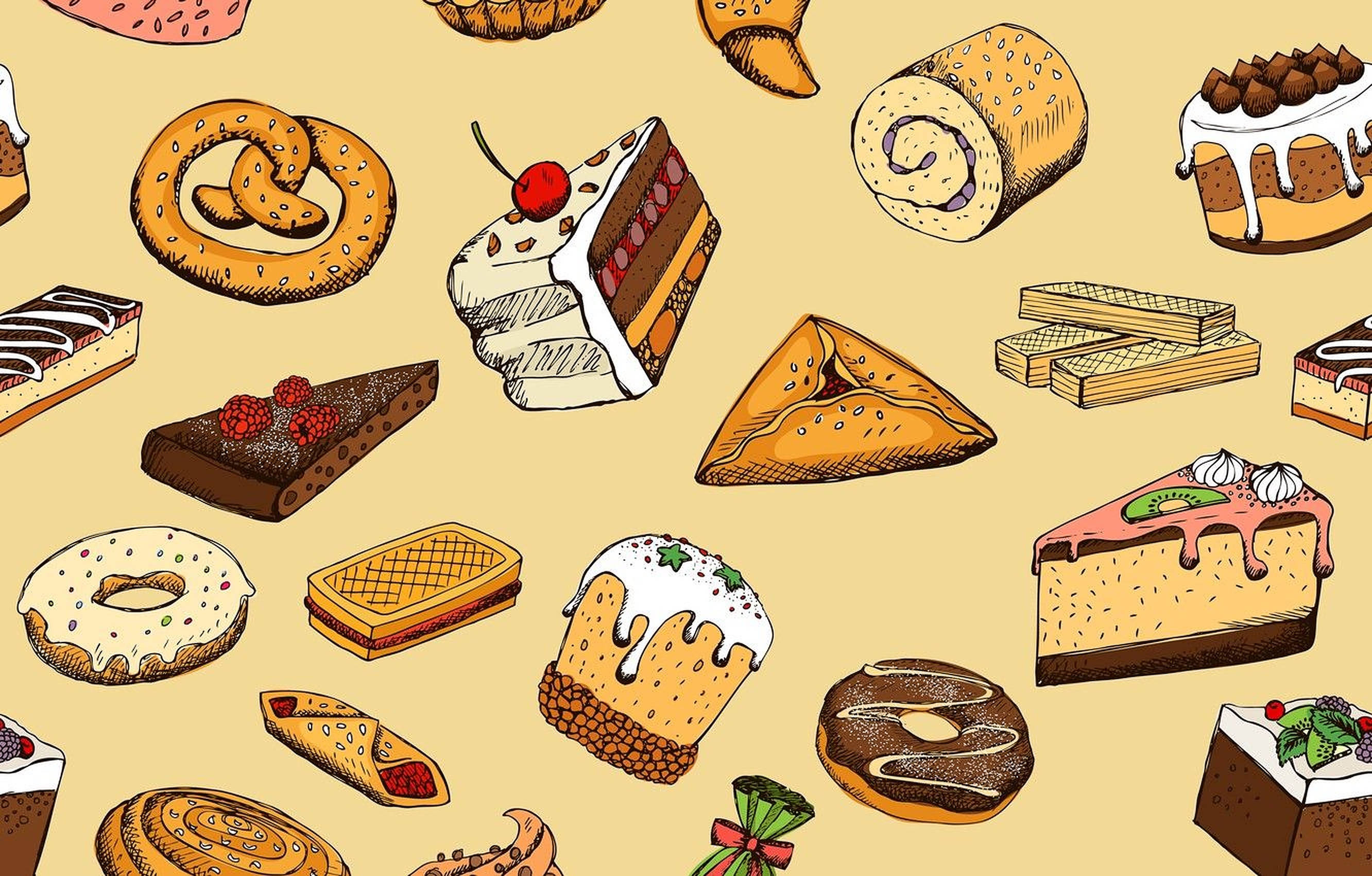 Bakery Goods Pattern, assorted sweet pastries, desserts, 2K Desktop Wallpaper