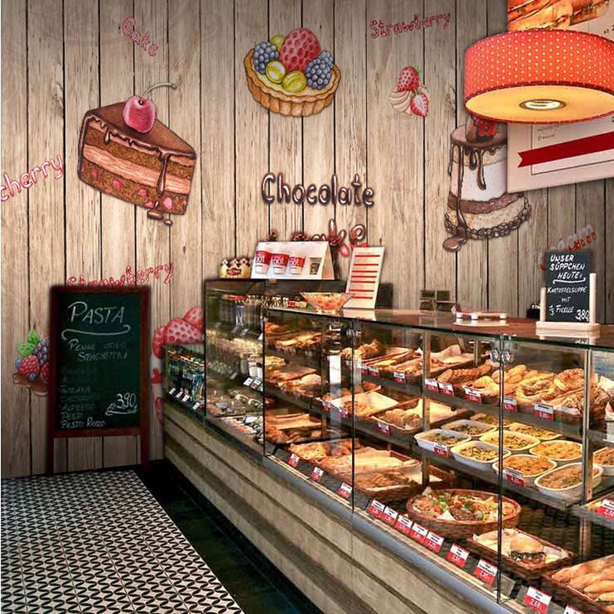 bakery, wooden walls, dessert illustrations, Full HD Desktop Wallpaper