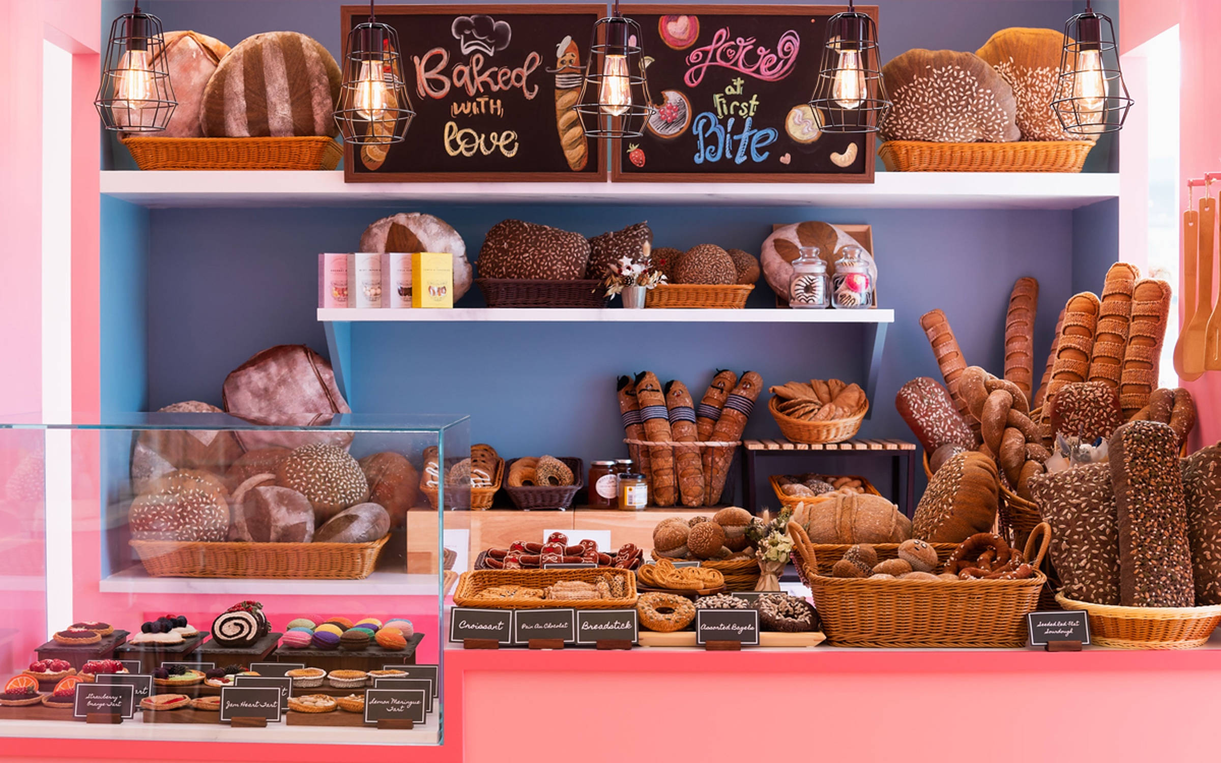 pastel pink and blue walls, artisan breads, pastries, Full HD Desktop Wallpaper
