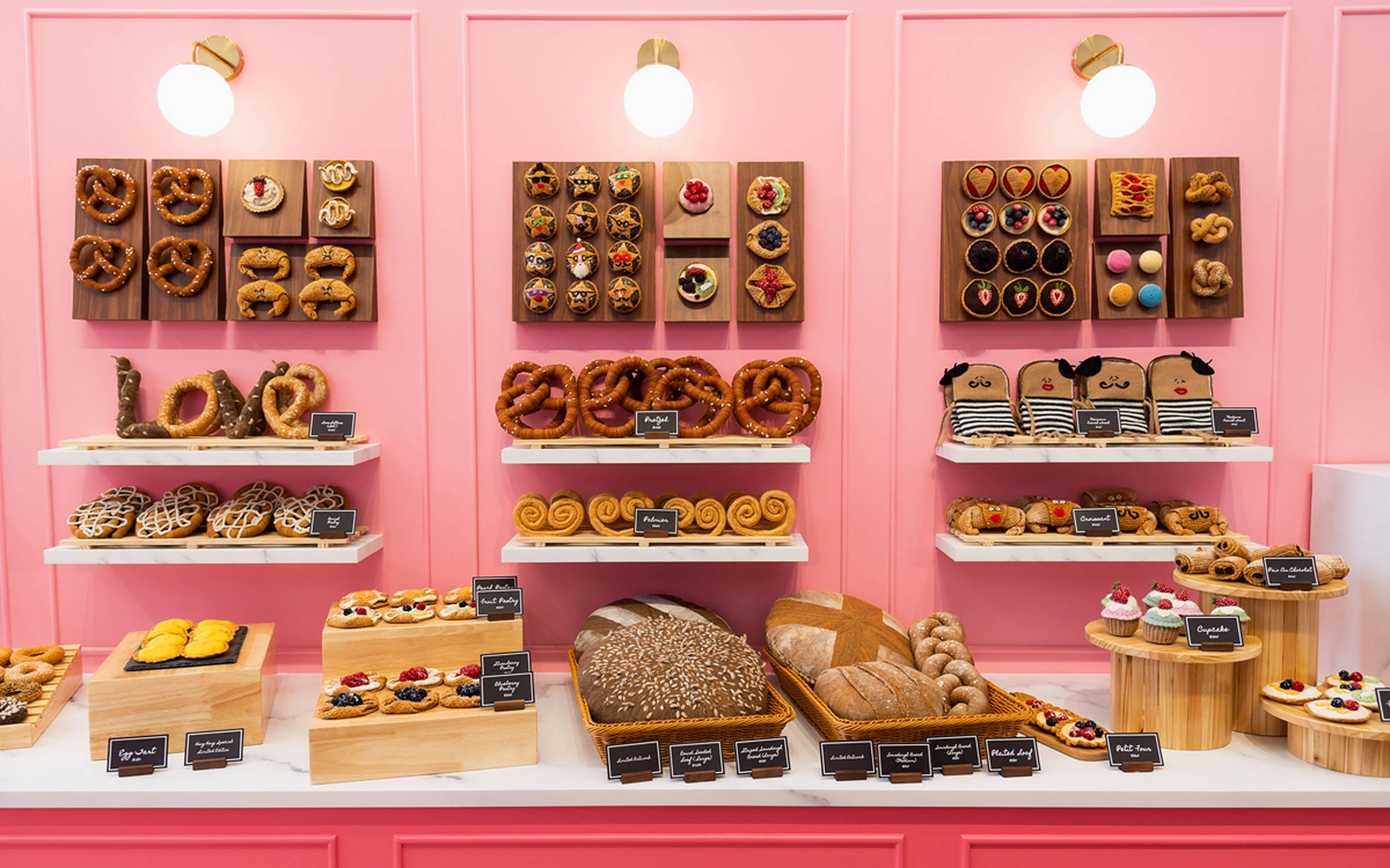 aesthetic pink bakery stand, pink, wooden shelves, Full HD Desktop Wallpaper