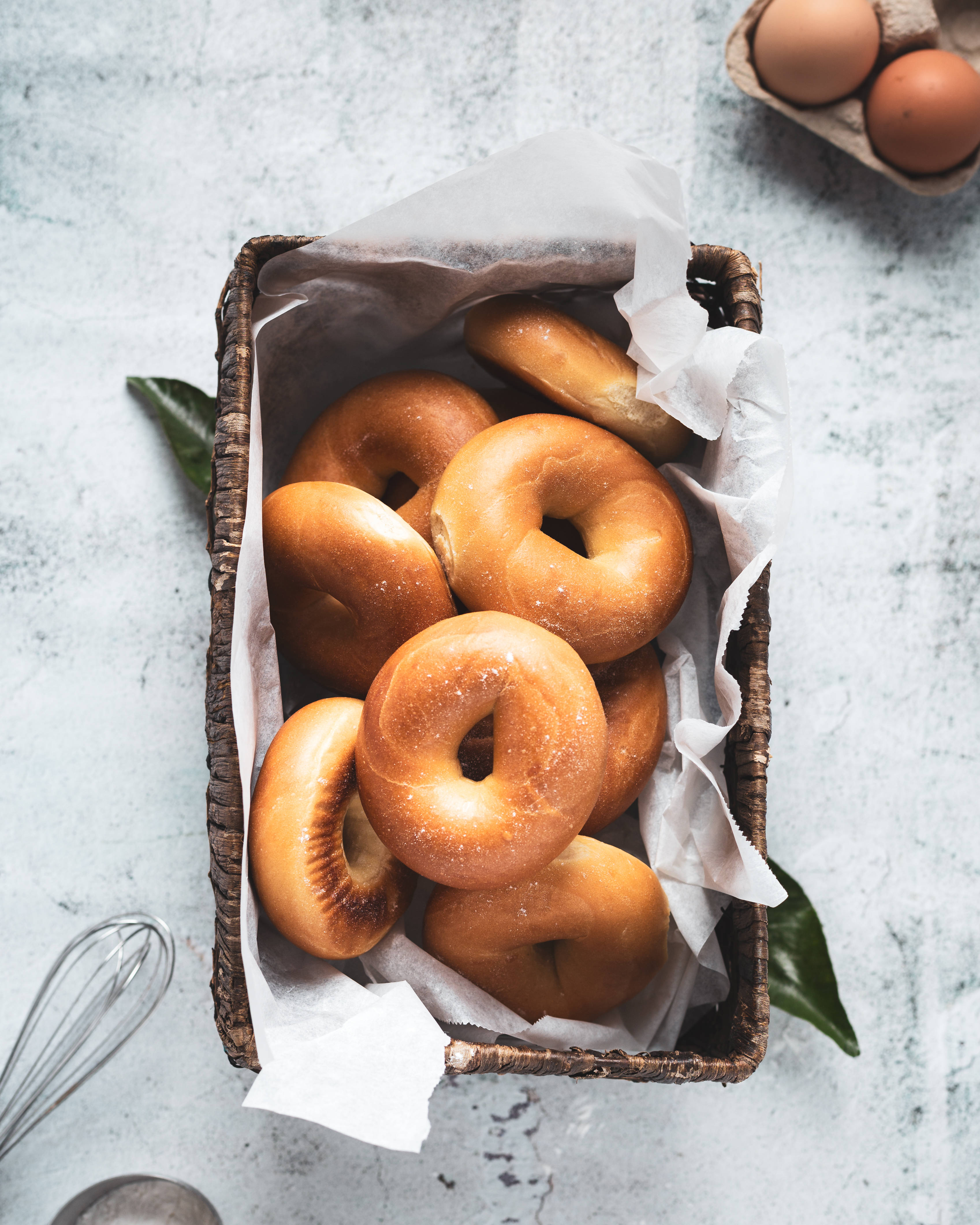 box of bagel pastry, golden bagels, woven basket, 4K Phone Wallpaper