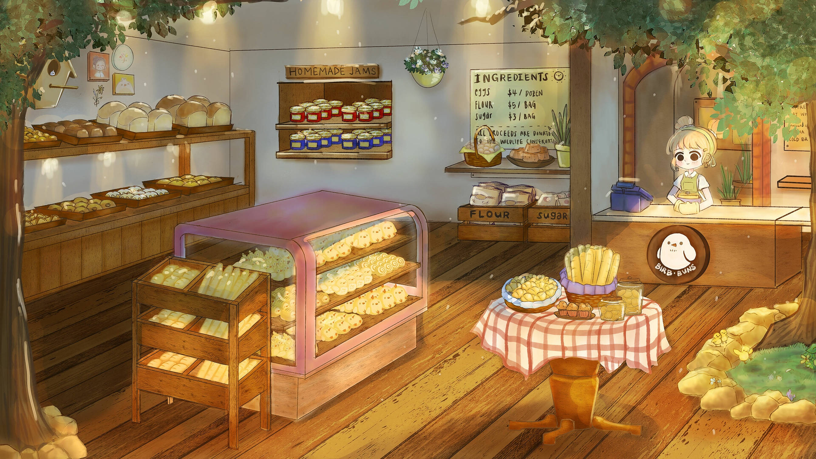 cozy bakery interior, wooden shelves, breads, 2K Desktop Wallpaper