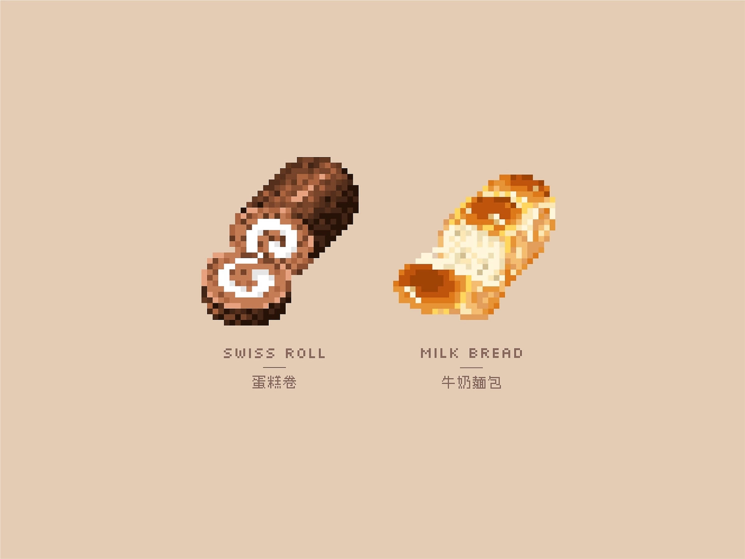 Swiss roll, milk bread, pixel-art style, Full HD Desktop Wallpaper