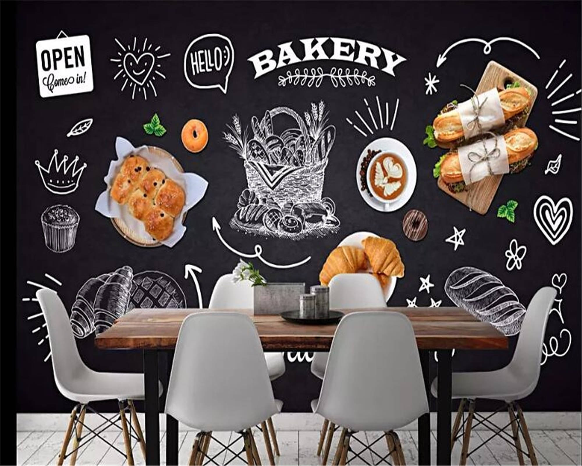 modern bakery shop, chalkboard wall, hand-drawn pastries, Full HD Desktop Wallpaper